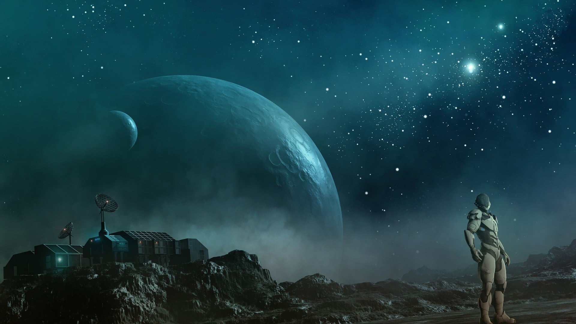 space station, rock, night, sky, moon, rock - object, milky way, standing, planet - space, nature, astronomy, tranquility, people, rock formation, digital composite, HD Wallpaper