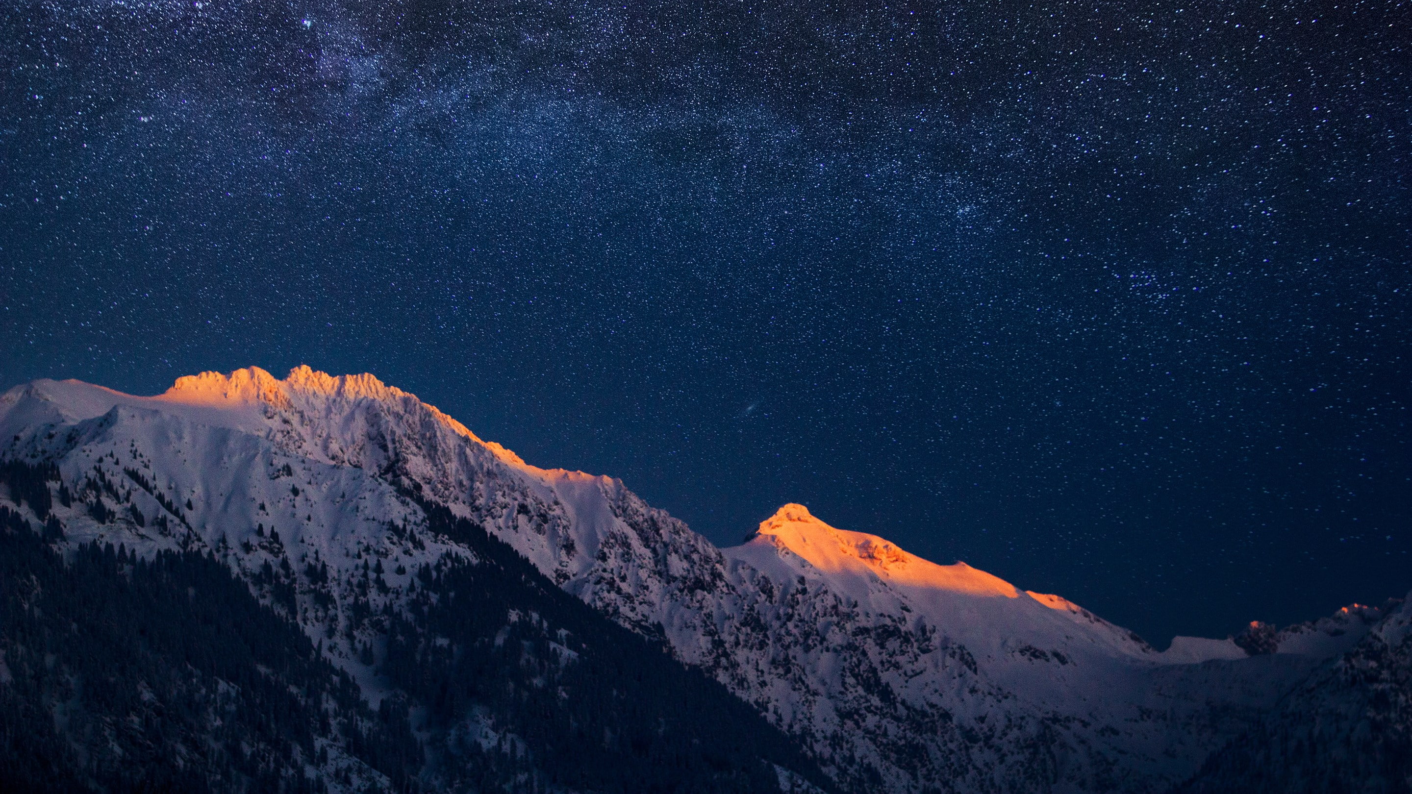 cold temperature, no people, 2K, mountain range, formation, mountain, sky, tranquility, idyllic, mountain peak, nature, astronomy, non-urban scene, snow, HD Wallpaper