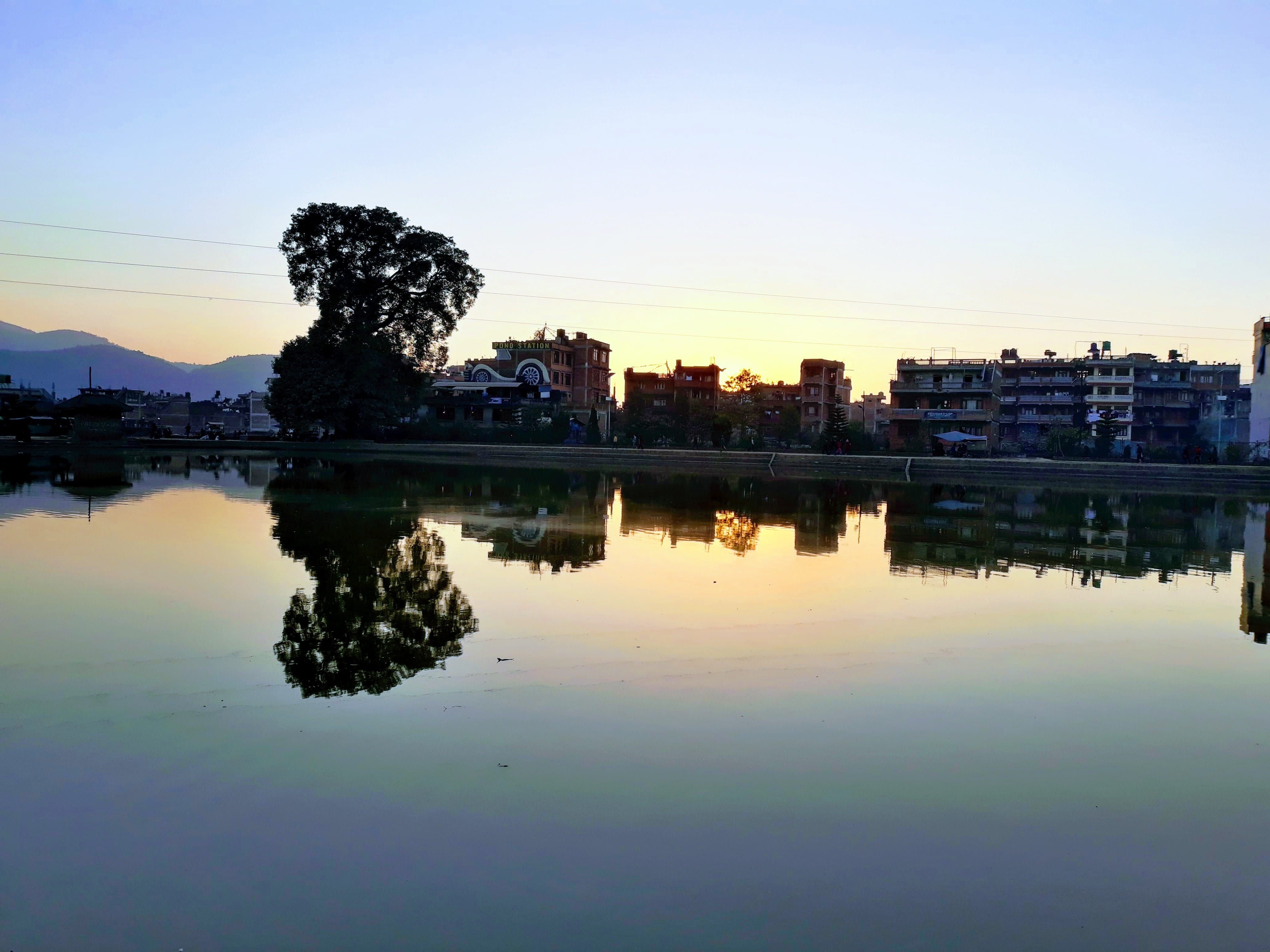 plant, tree, buildings, 4K, building, sky, reflection, nature, building exterior, waterfront, nepal, scenics - nature, water, silhouette, lake, city, outdoors, HD Wallpaper