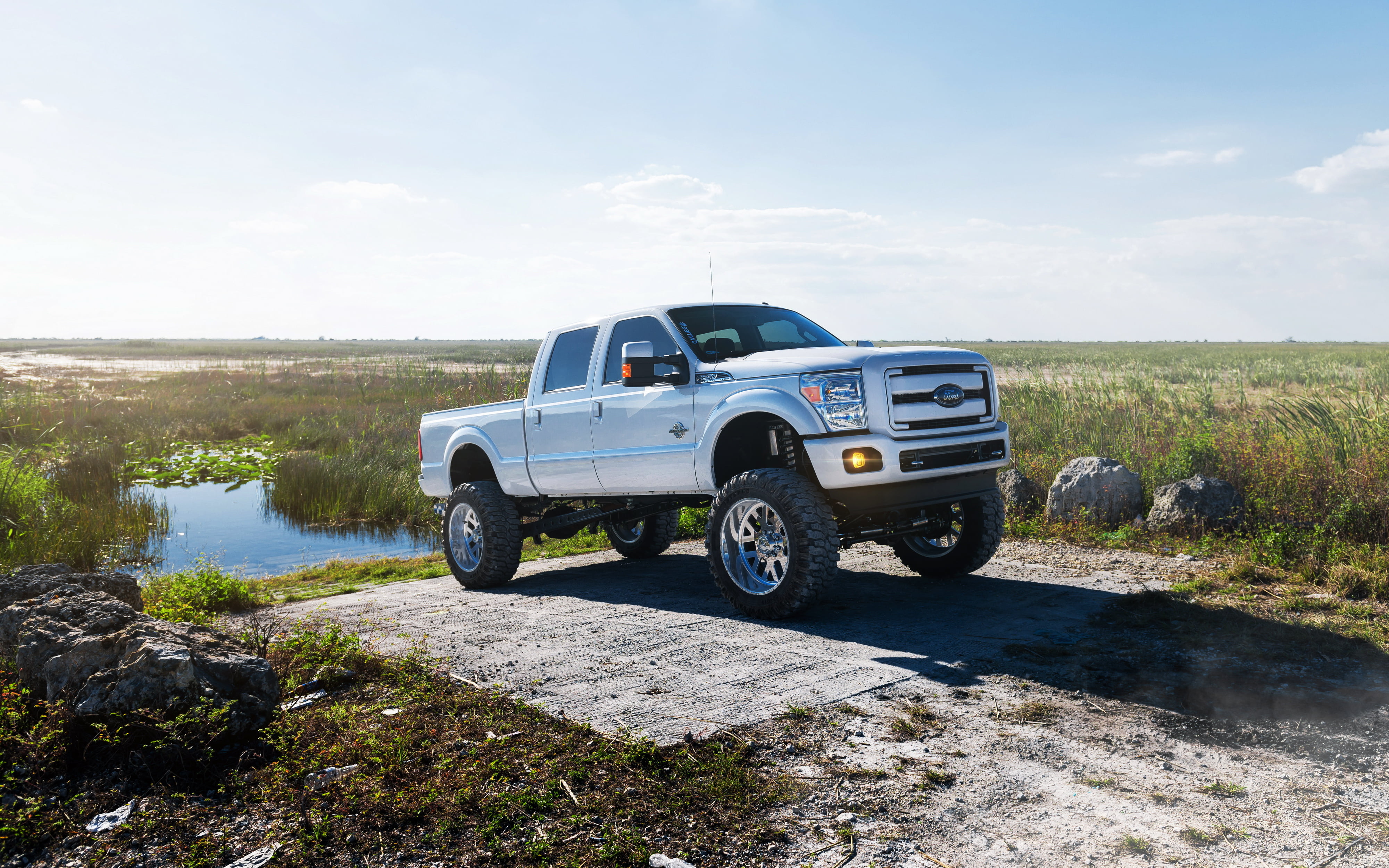 car, nature, SUV, sky, mode of transportation, no people, 4K, outdoors, landscape, pickup, truck, land vehicle, cloud - sky, white, plant, Ford, day, environment, HD Wallpaper