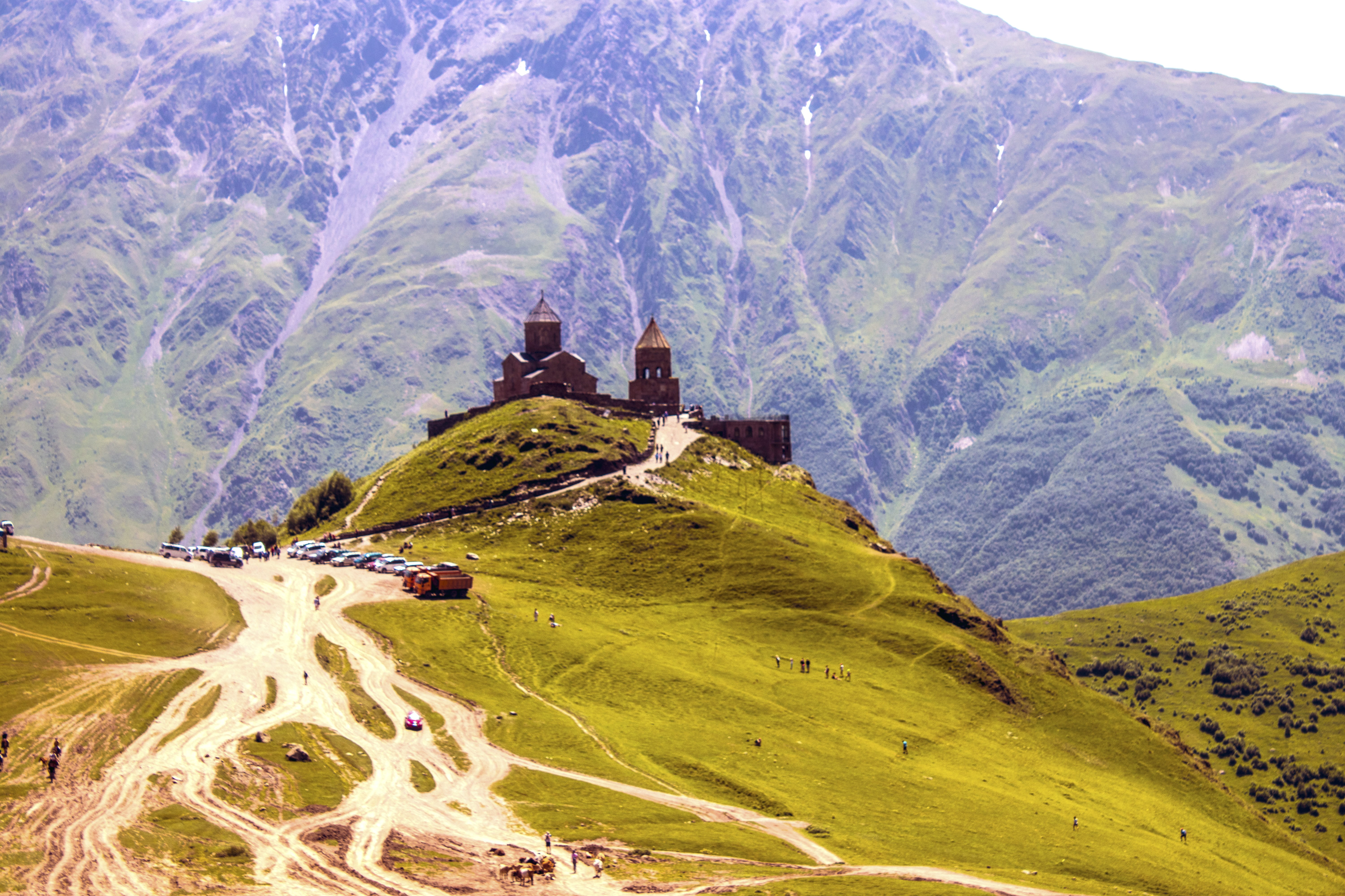 building exterior, plant, day, idyllic, travel, mountain, non-urban scene, landscape, no people, architecture, nature, church, the caucasus, kazbek, outdoors, HD Wallpaper