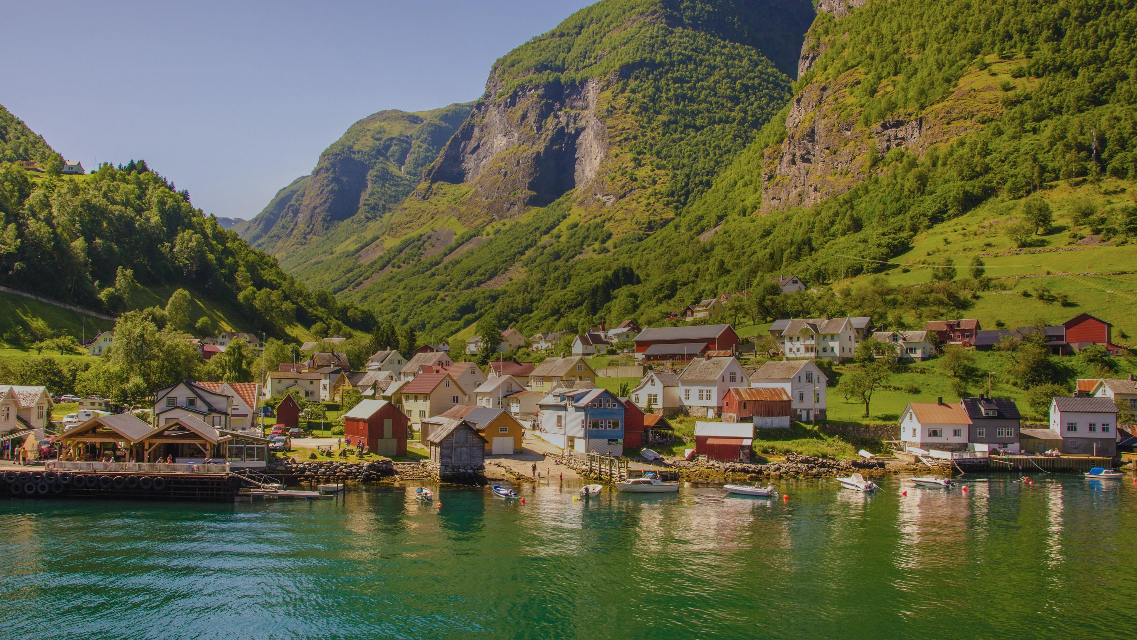 building, village, 4K, fjord, house, architecture, beauty in nature, day, lake, mountain, waterfront, aurlandsfjord, valley, europe, tree, plant, residential district, HD Wallpaper