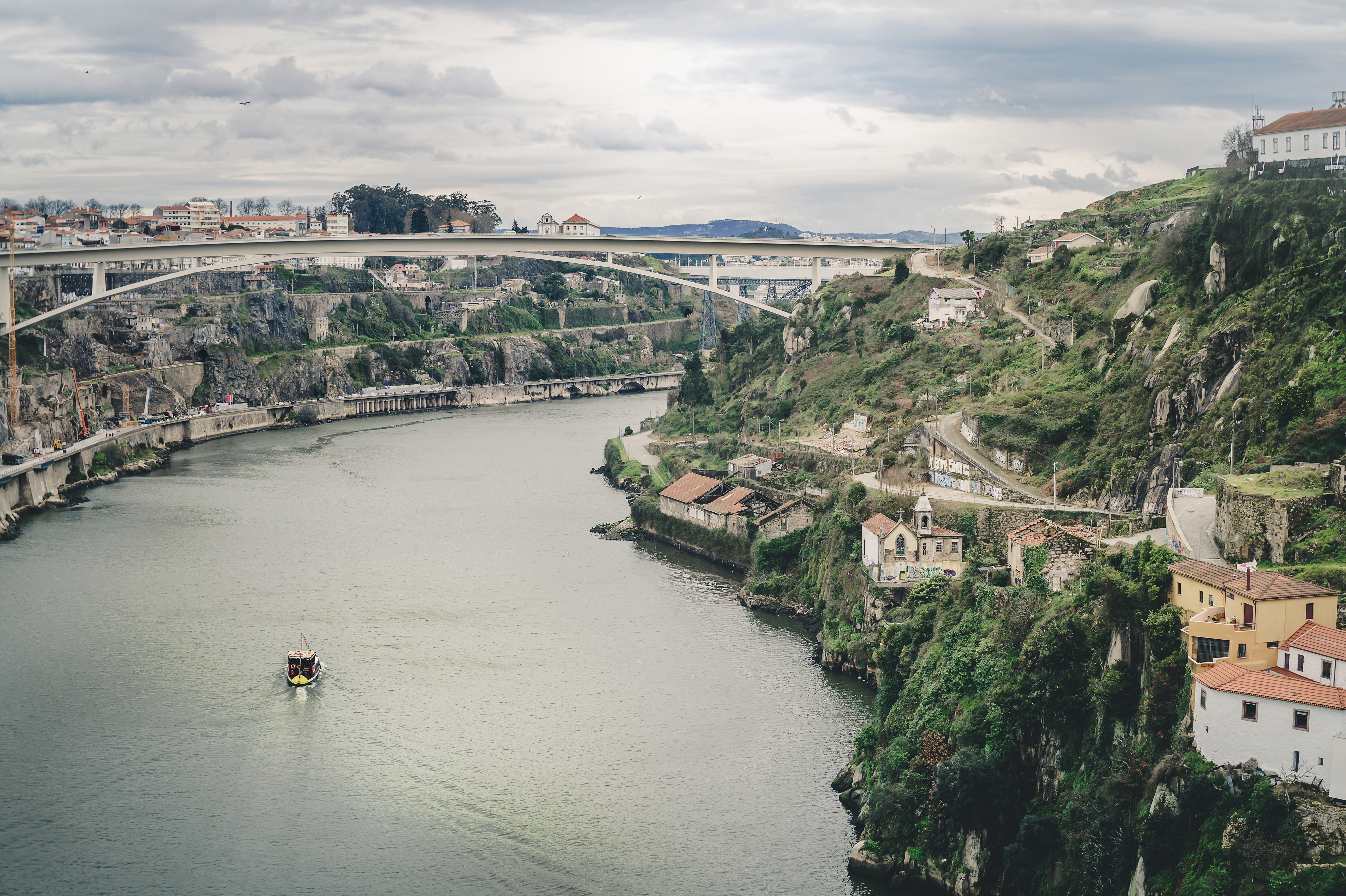 high angle view, sky, cloudy, built structure, cloud - sky, bridge, cityscape, city, portugal, architecture, building exterior, no people, plant, hill, HD Wallpaper