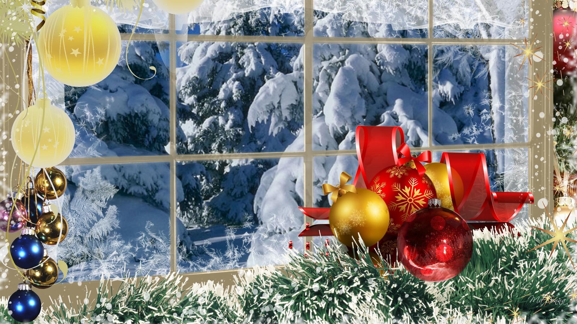 1080P, trees, window, feliz navidad, 3d and abstr, snow, winter, frost, balls, christmas, scene, curtain, decorations, HD Wallpaper
