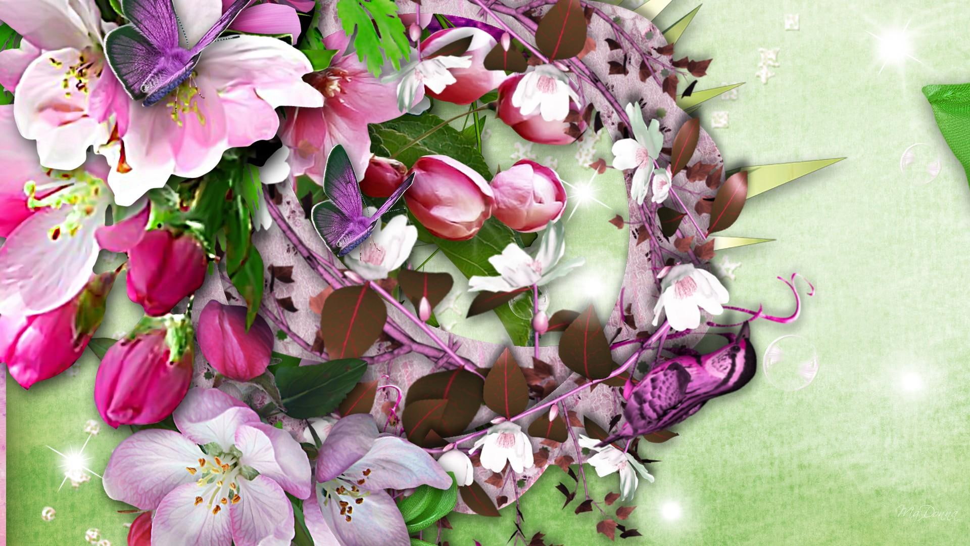 purple, summer, green, firefox persona, flowers, pink, 3d and abstr, spring, tulips, foliage, butterfly, 1080P, HD Wallpaper