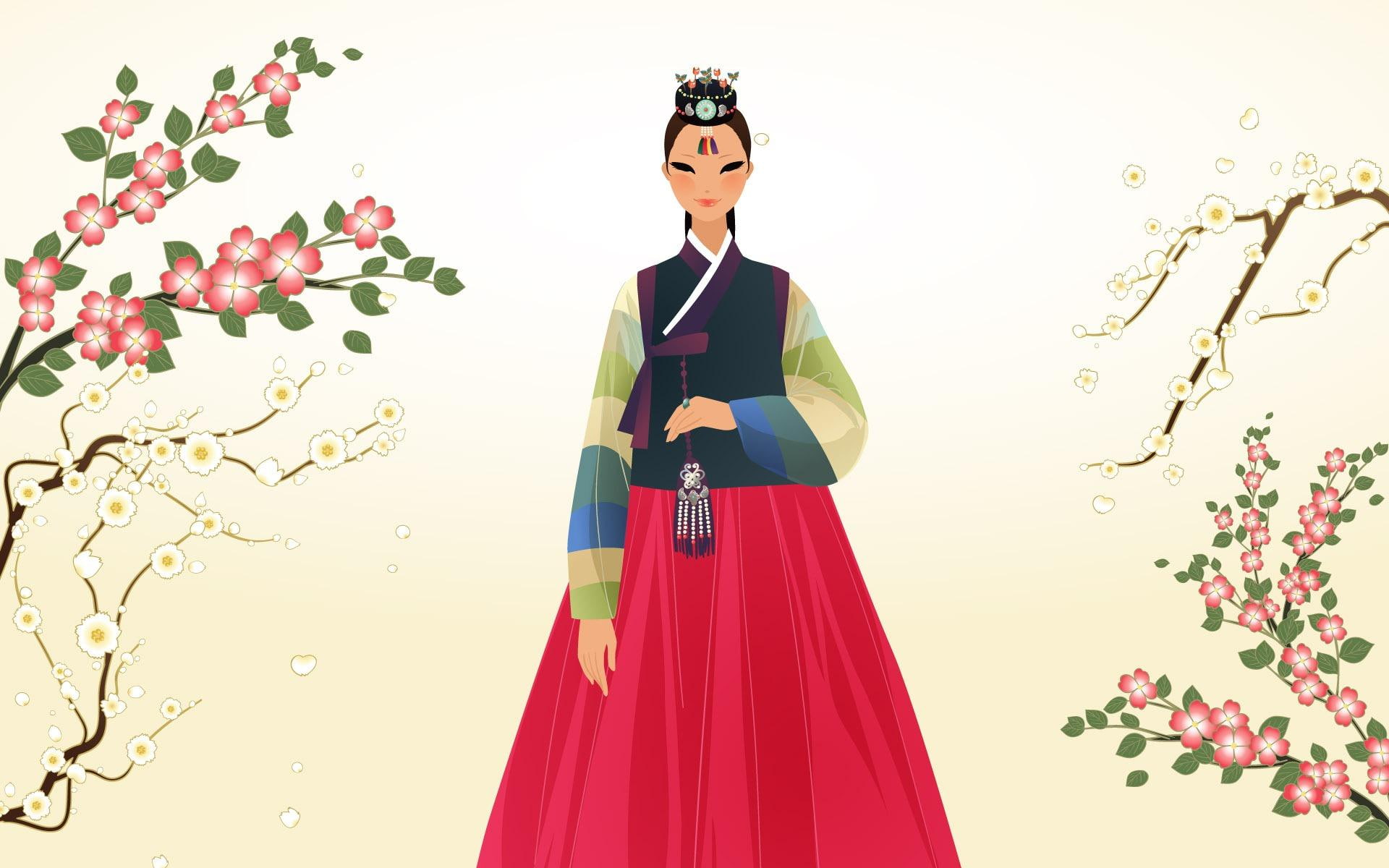 tree, blue, chinese, asian, garden, dress, pink, spring, korean, bloom, flower, 3d and abstr, 1080P, girl, HD Wallpaper