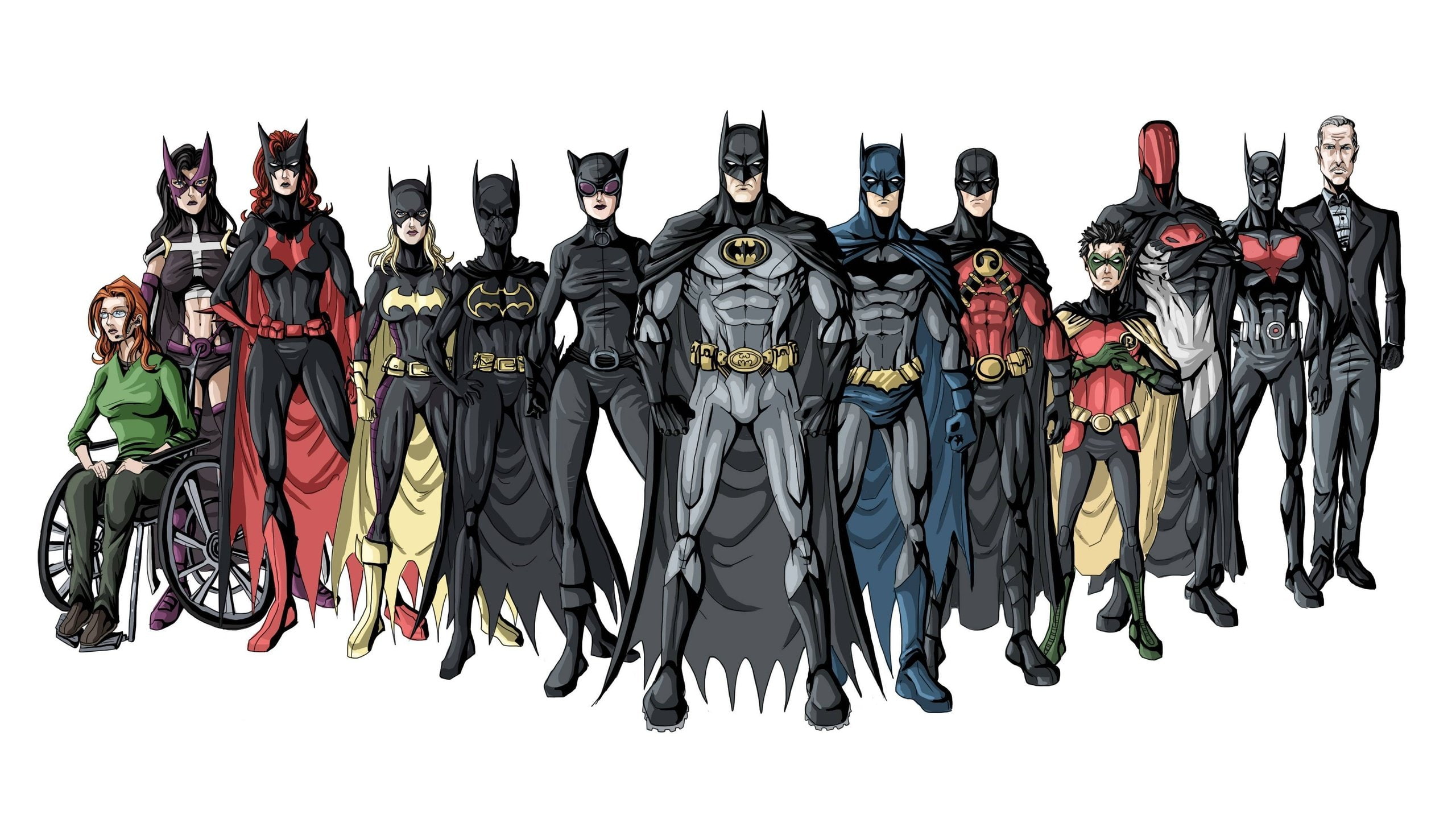 clothing, 2K, indoors, arrangement, studio shot, variation, batgirl robin character batman batwoman catwoman alfred superhero, uniform, black color, white background, HD Wallpaper