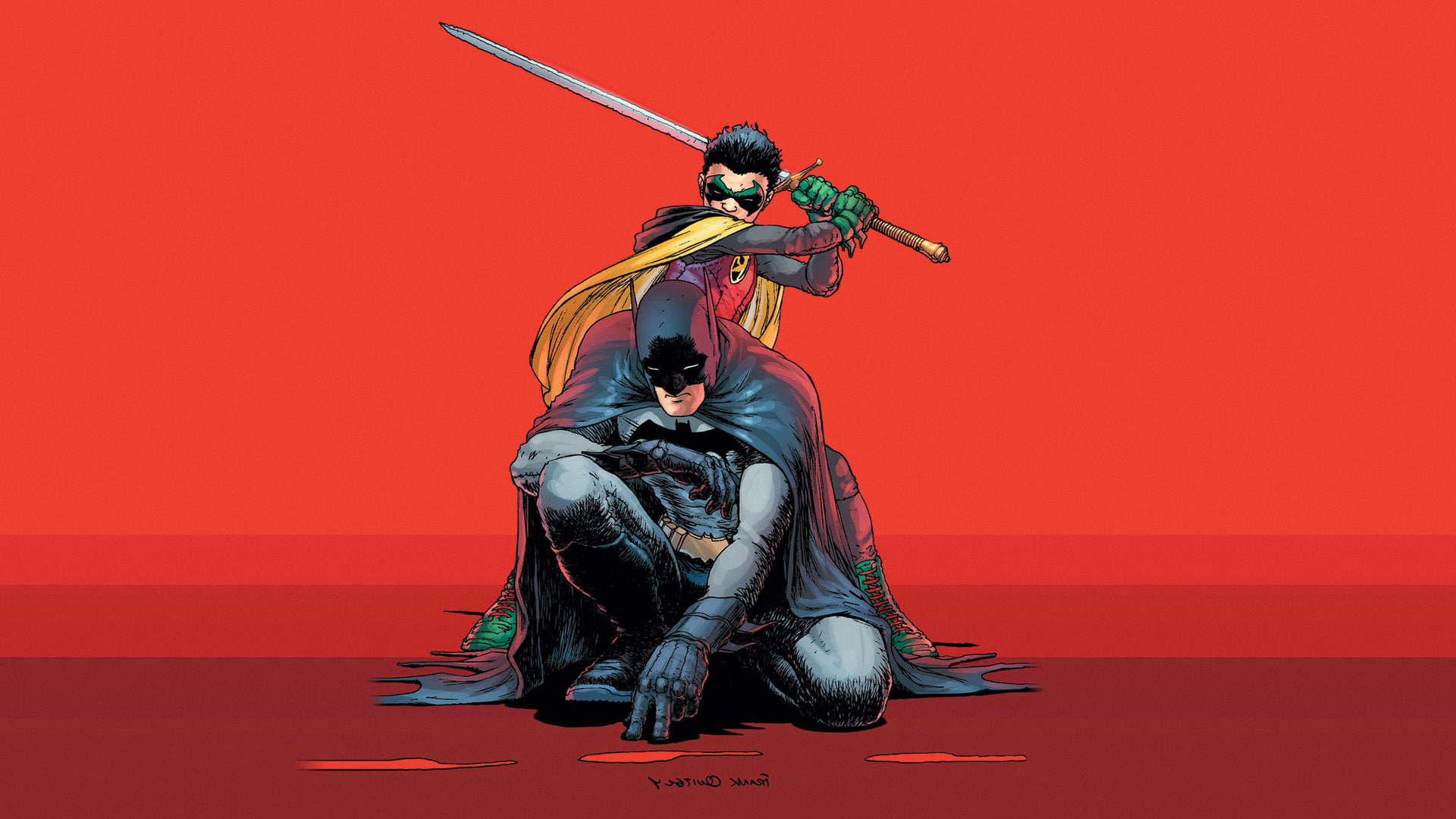 Damian Wayne, performance, red, copy space, colored background, full length, music, Dynamic Duo, 1080P, red background, superhero, young adult, adult, HD Wallpaper