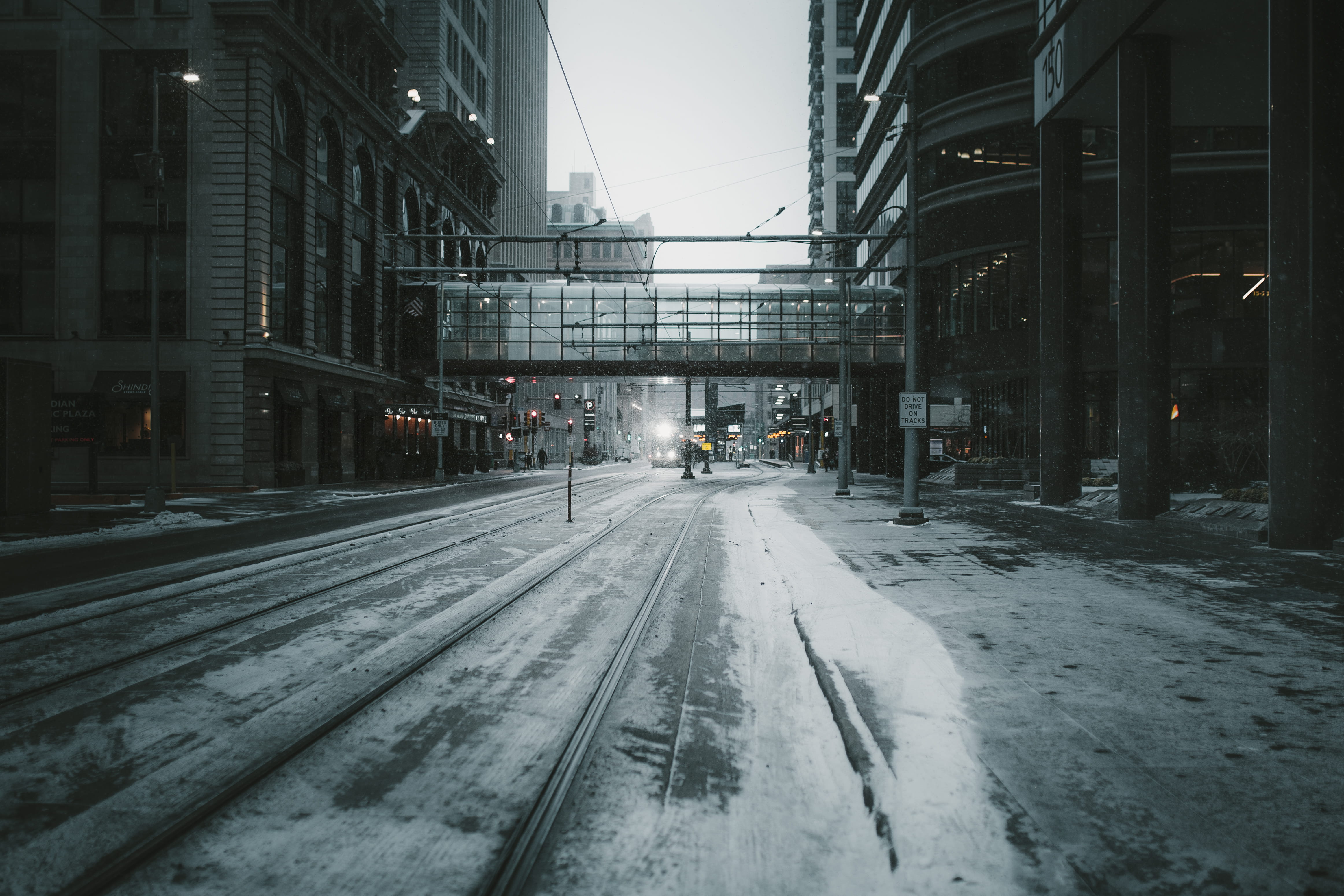 outdoors, rail transportation, downtown, gray, building, land vehicle, direction, no people, blizzard, town, winter, snowing, minneapolis, bridge, 4K, HD Wallpaper