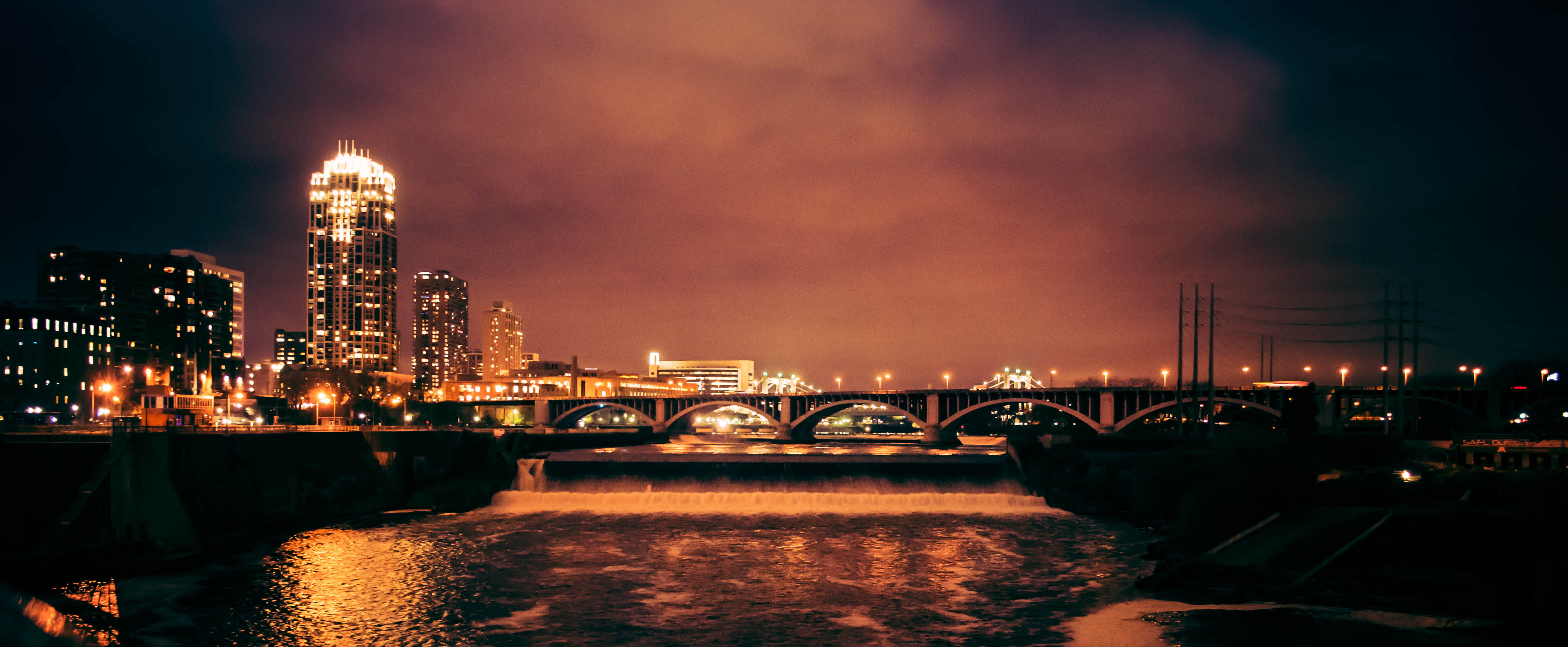 building exterior, minneapolis, water, night, sky, outdoors, transportation, downtown, architecture, bridge - man made structure, lights, illuminated, nature, HD Wallpaper