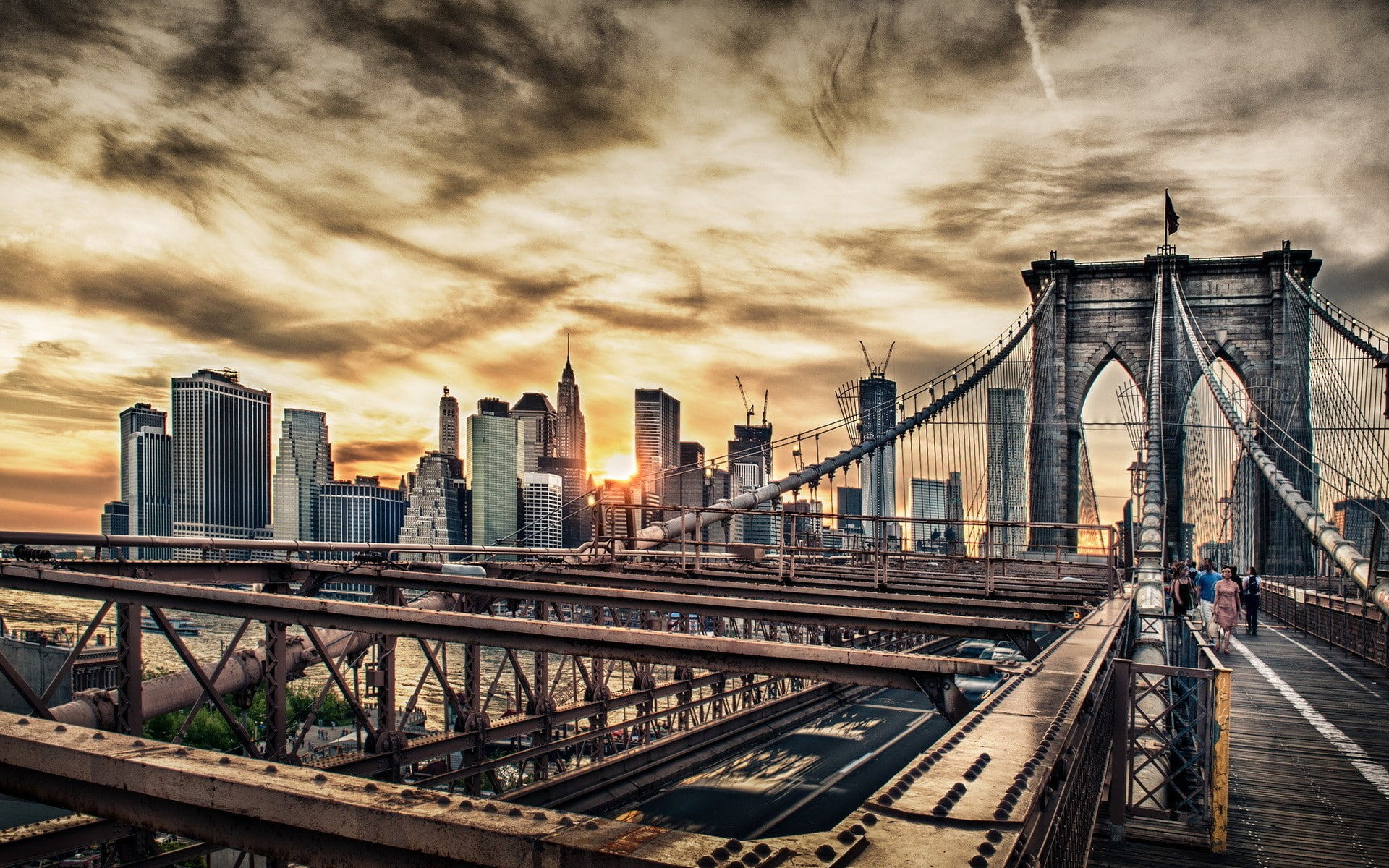 outdoors, one person, cloud - sky, transportation, suspension bridge, bridge - man made structure, 1080P, cityscape, city, rear view, building exterior, HD Wallpaper