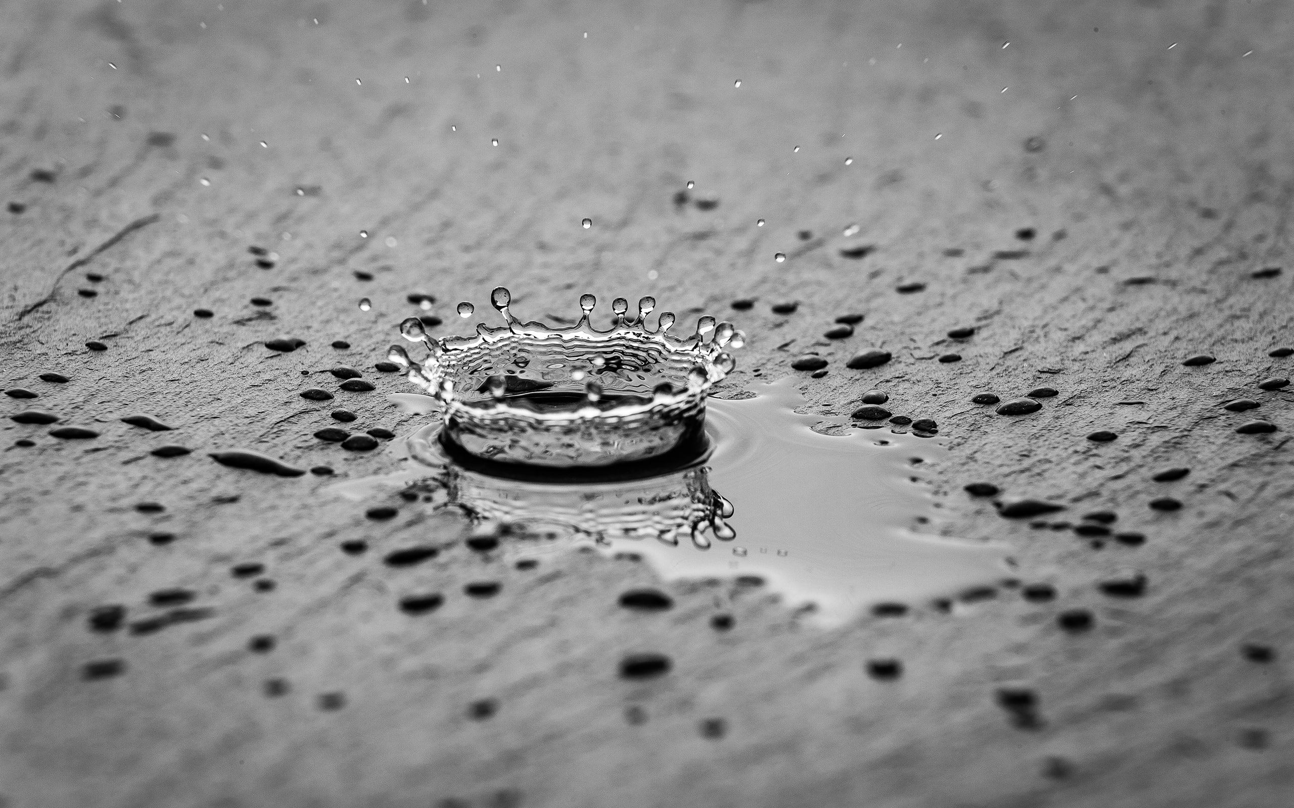 gray, monochrome, water, water splash, 2K, splashes, water drops, reflection, wet, HD Wallpaper