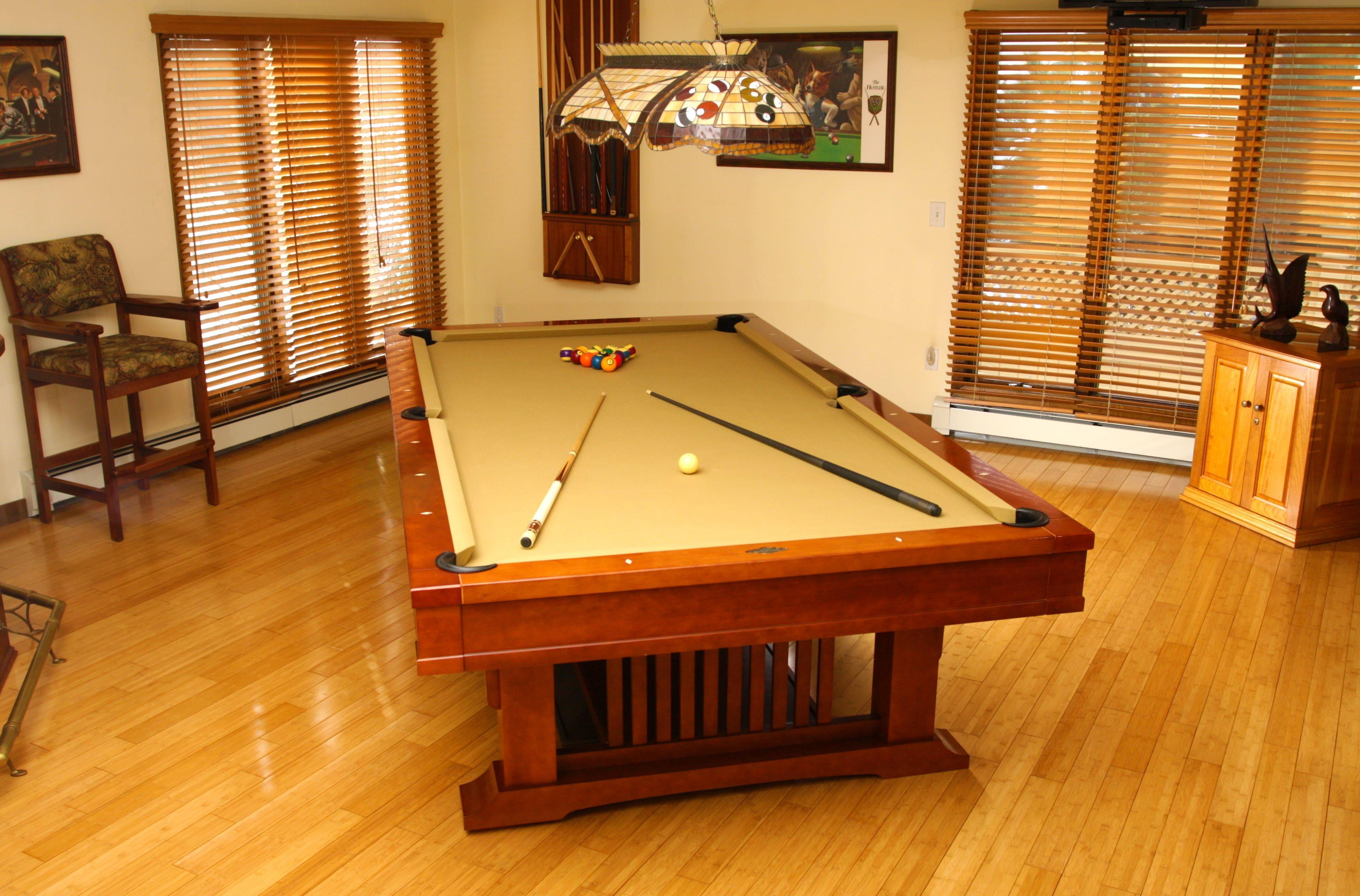 brown, sport, pool table, design, clock, illuminated, Billiards, absence, furniture, indoors, clean, no people, flooring, room, architecture, wood, the game, HD Wallpaper