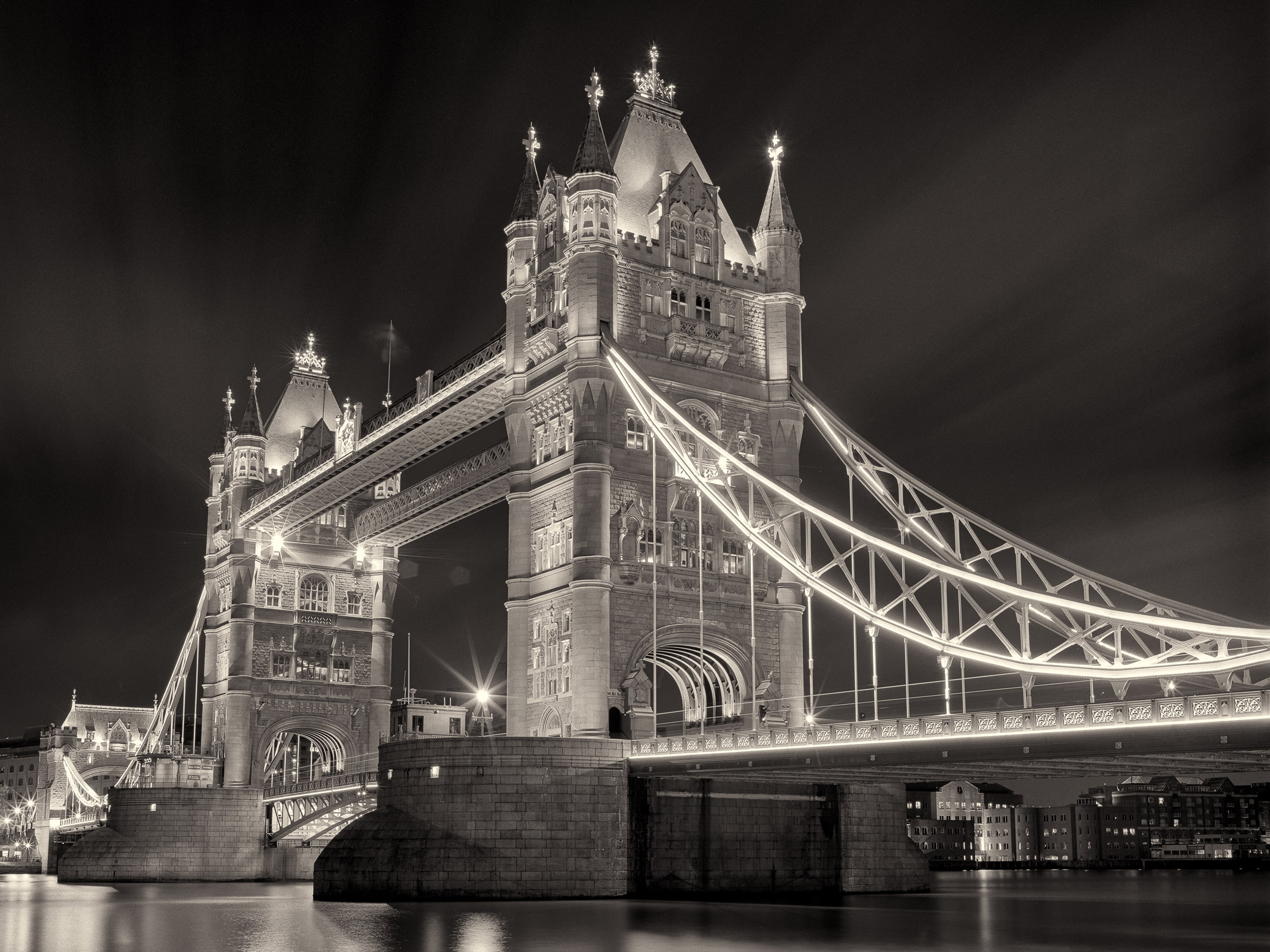 bw, tower, bridge, hd, architecture, night, 2K, london, lights, HD Wallpaper