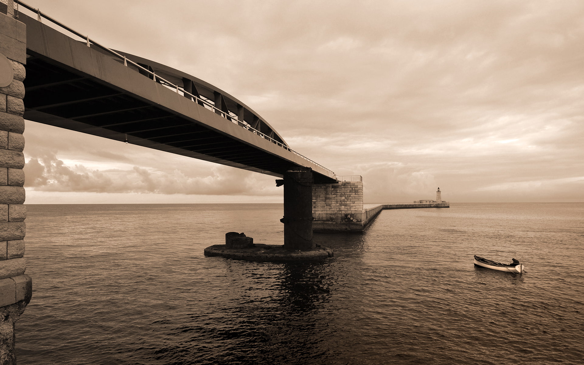 bw, 1080P, hd, nature, ocean, bridge, HD Wallpaper