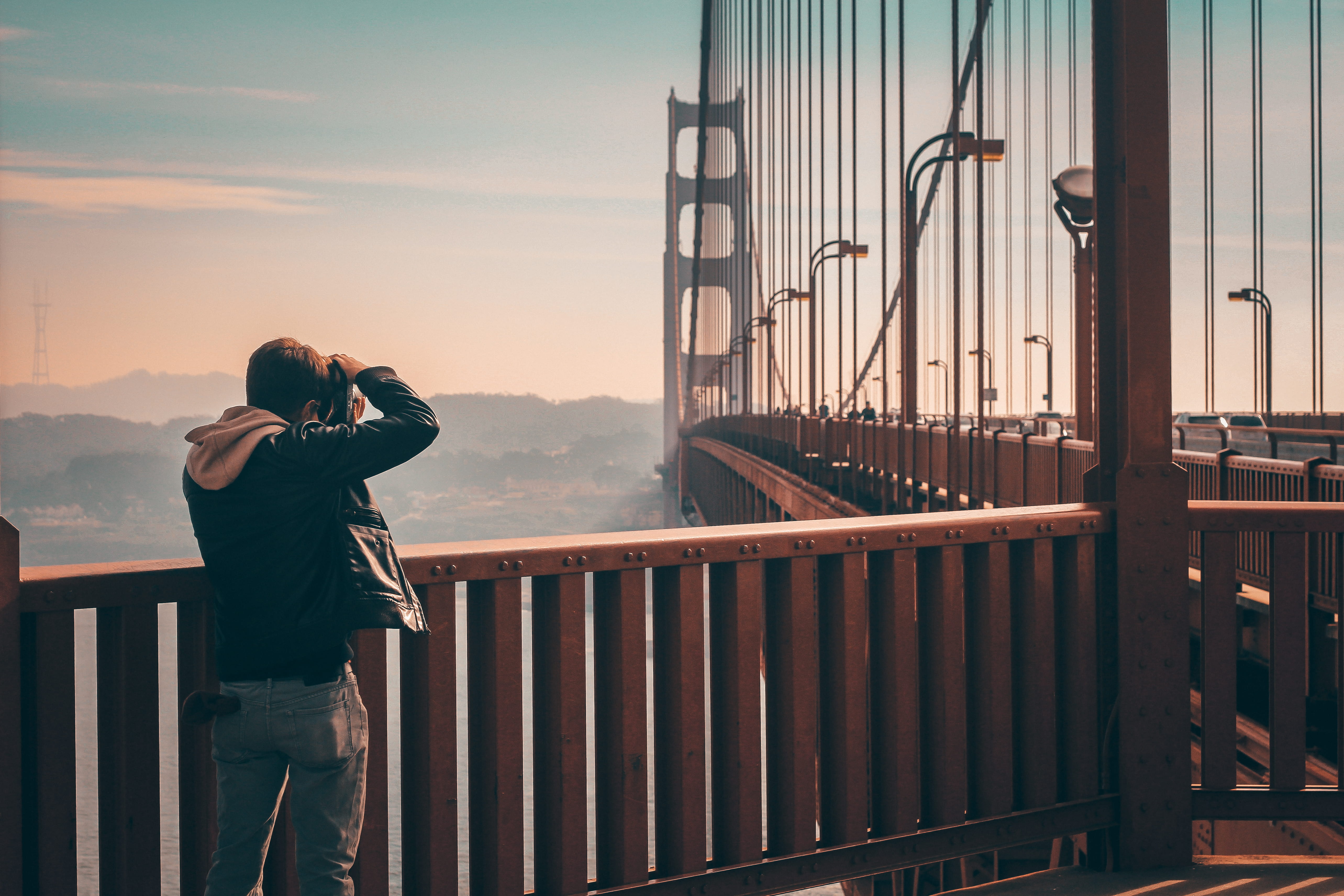 leather, rear view, man, jacket, sky, three quarter length, women, picture, nature, wearing, camera - photographic equipment, urban, vertical, standing, HD Wallpaper