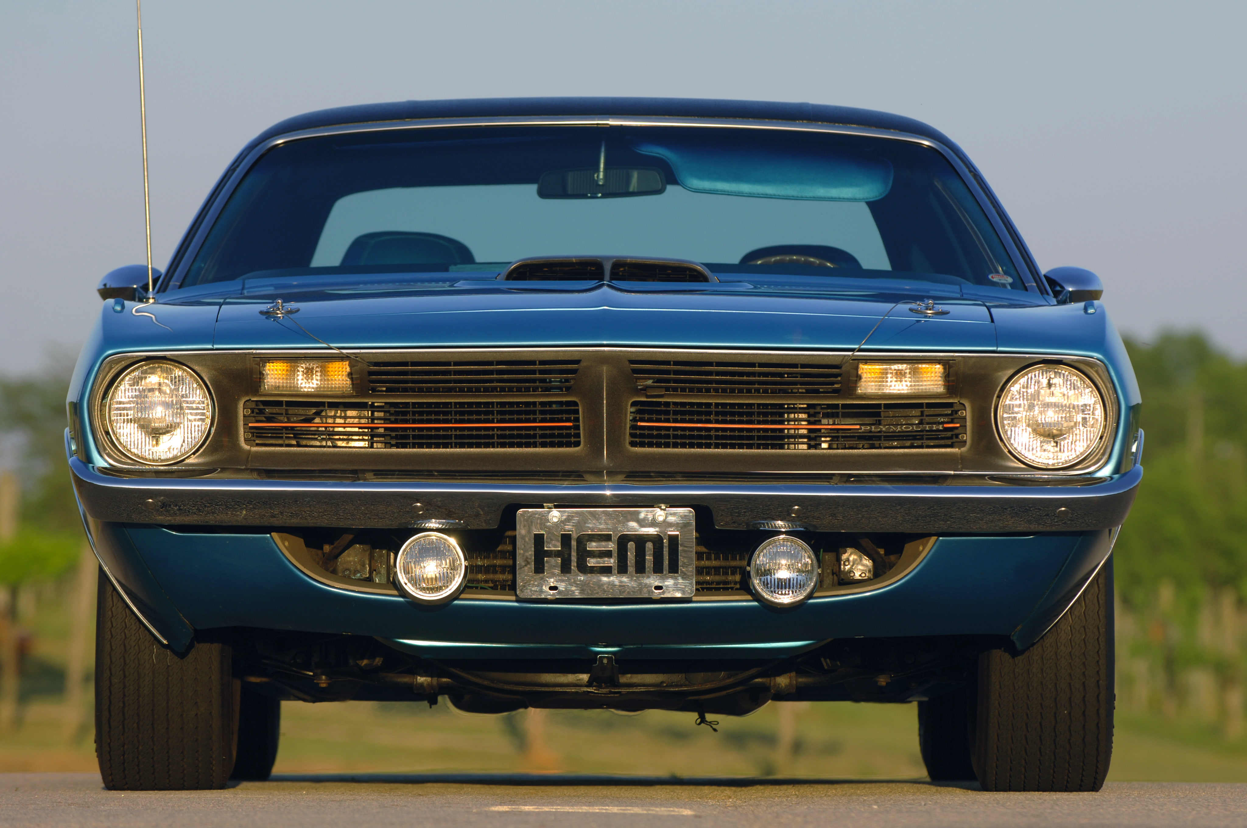 stationary, barracuda, muscle, front view, car, mopar, cuda, hemi, outdoors, classic, nature, retro styled, mode of transportation, old, day, metal, no people, HD Wallpaper