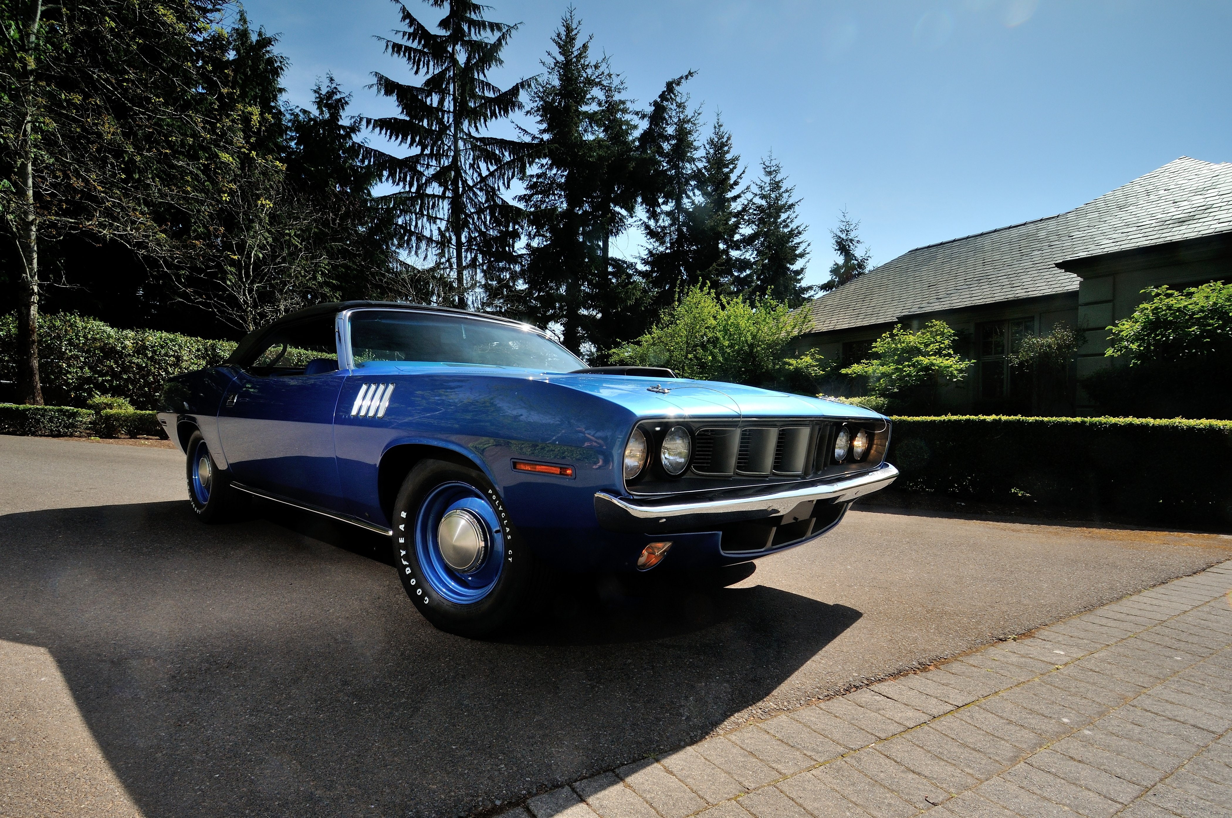 hemi, plymouth, usa, muscle, old, convertible, 1971, cuda, 4K, original, blue, classic, HD Wallpaper