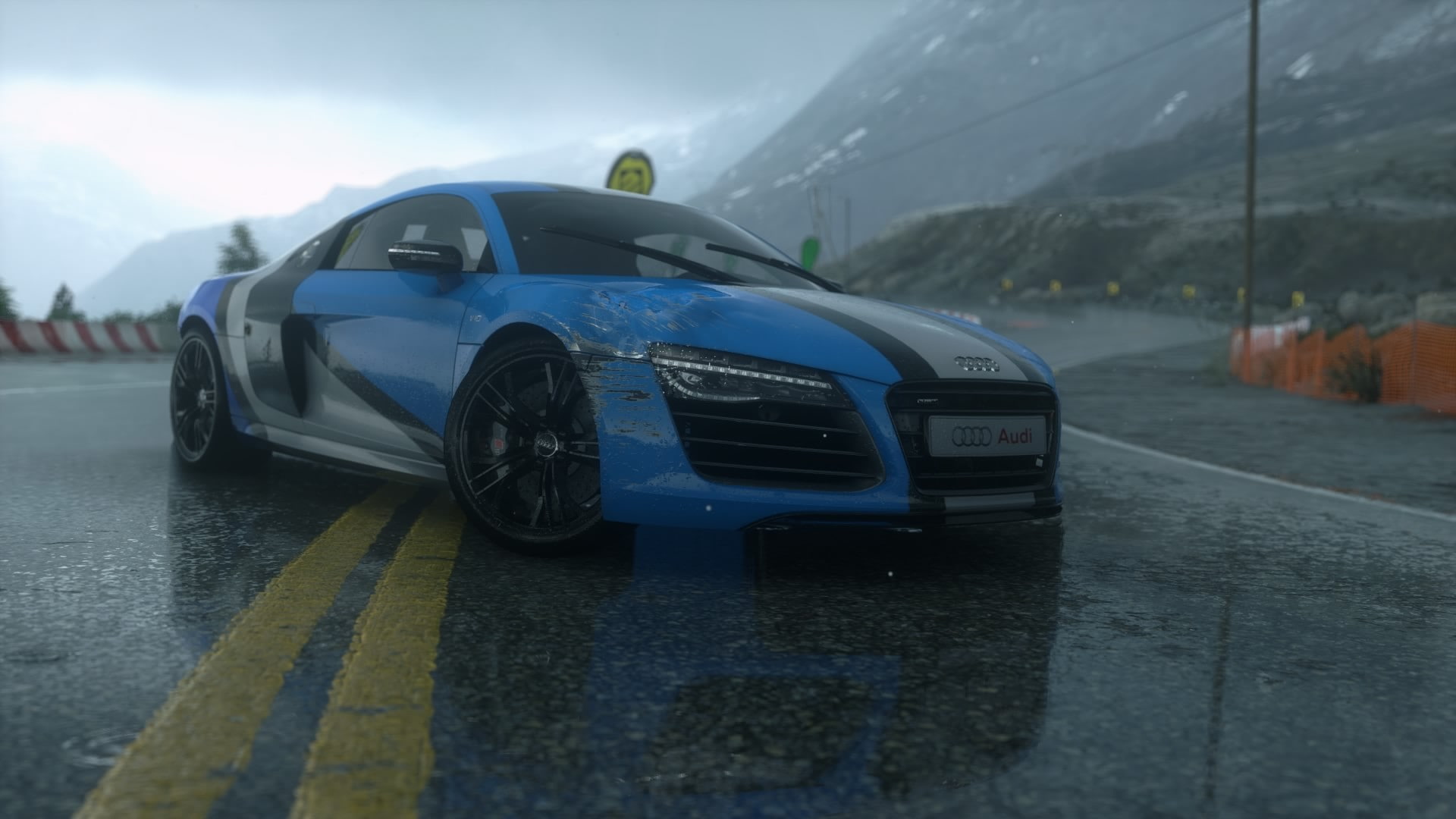mountains, Screen Shot, Forza Motorsport 5, Audi R8, Scratches, reflection, road, sports car, 1080P, HD Wallpaper