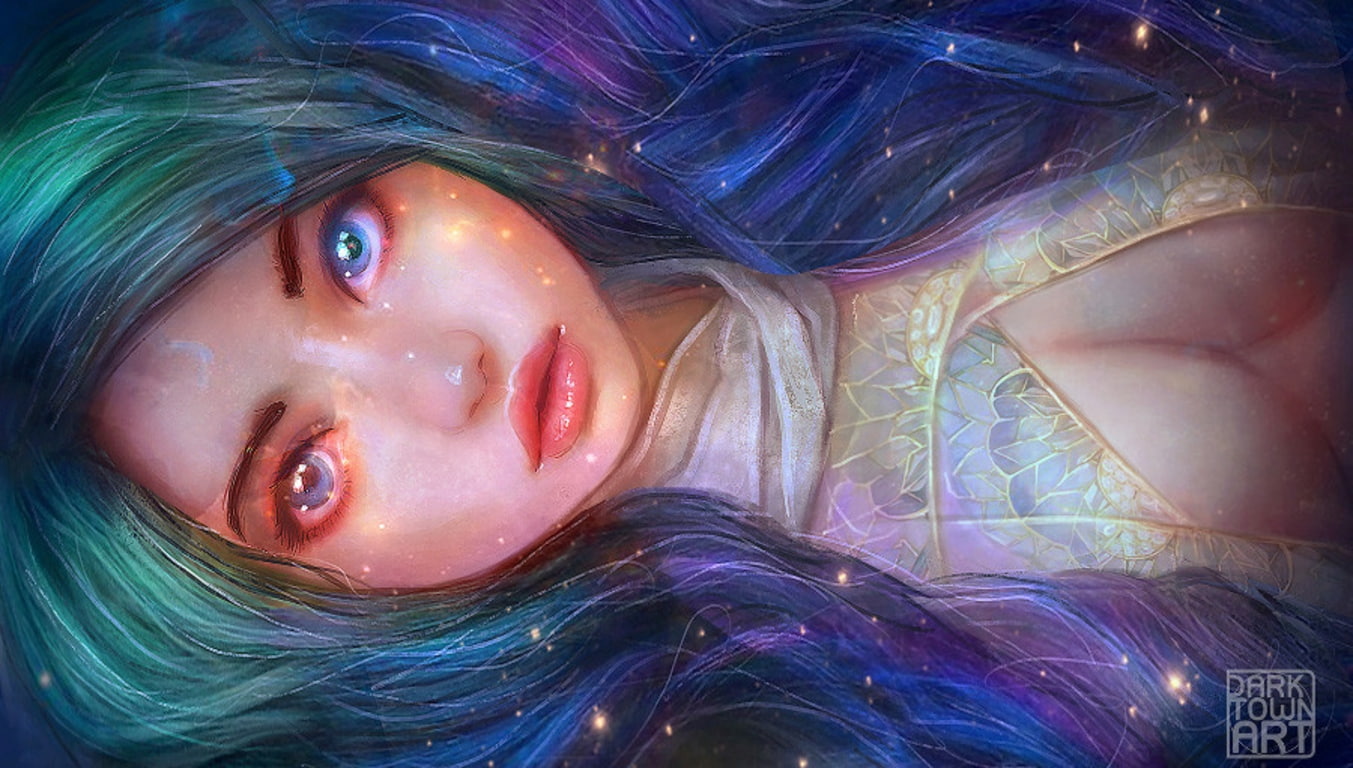 summer, face, mermaid, anne pogoda, siren, 720P, blue, fantasy, luminos, Galaxy mermaid, vara, HD Wallpaper
