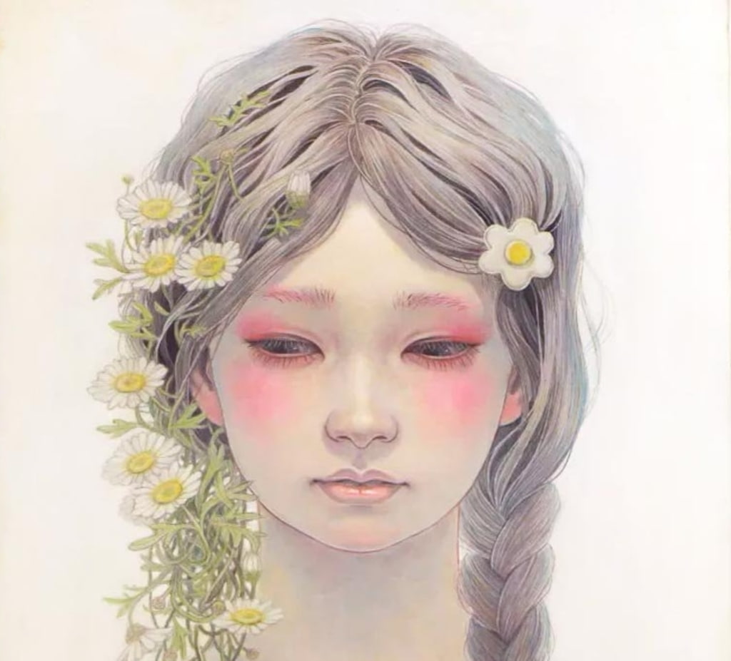 asian, portrait, miho hirano, art, luminos, face, 480P, fantasy, Daisy, girl, flower, HD Wallpaper