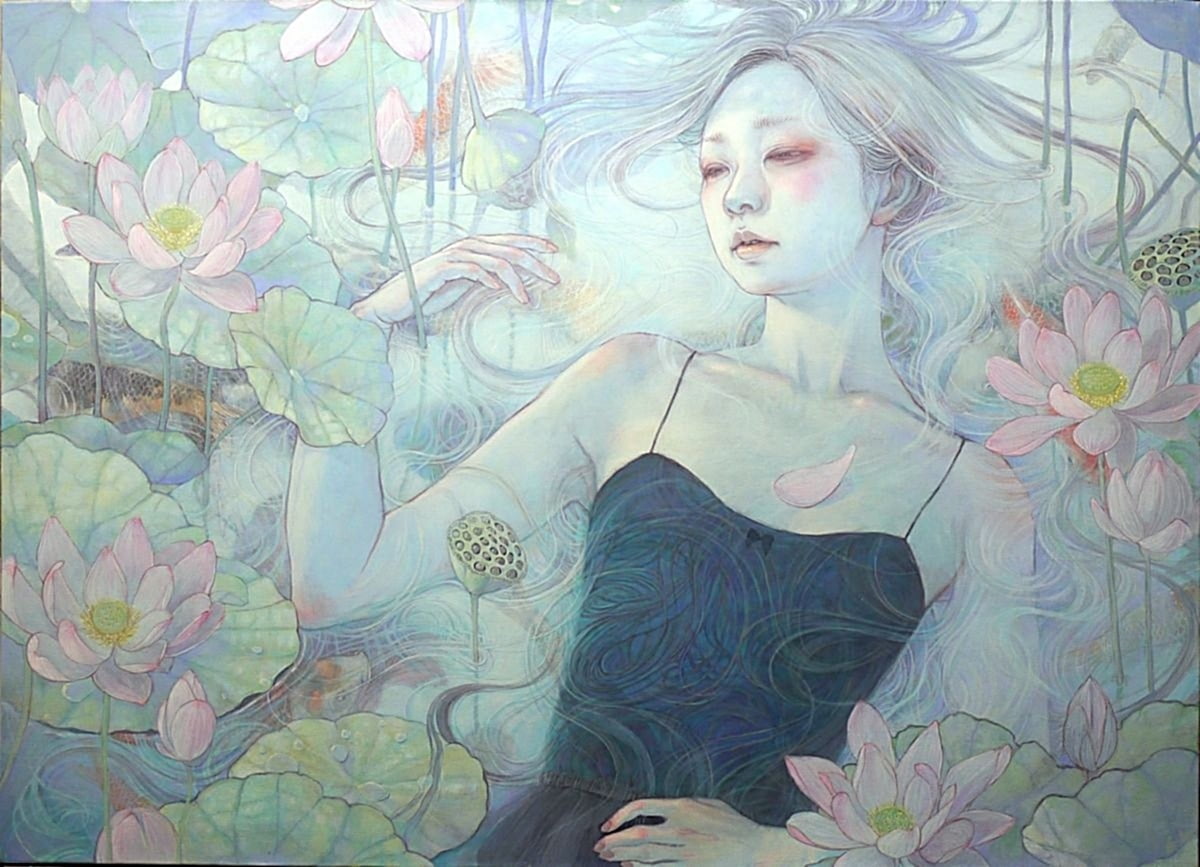one person, frumusete, summer, sirena, flower, young adult, young women, contemplation, lake, lotus, pattern, hair, portrait, asian, fantasy, mermaid, floral pattern, HD Wallpaper
