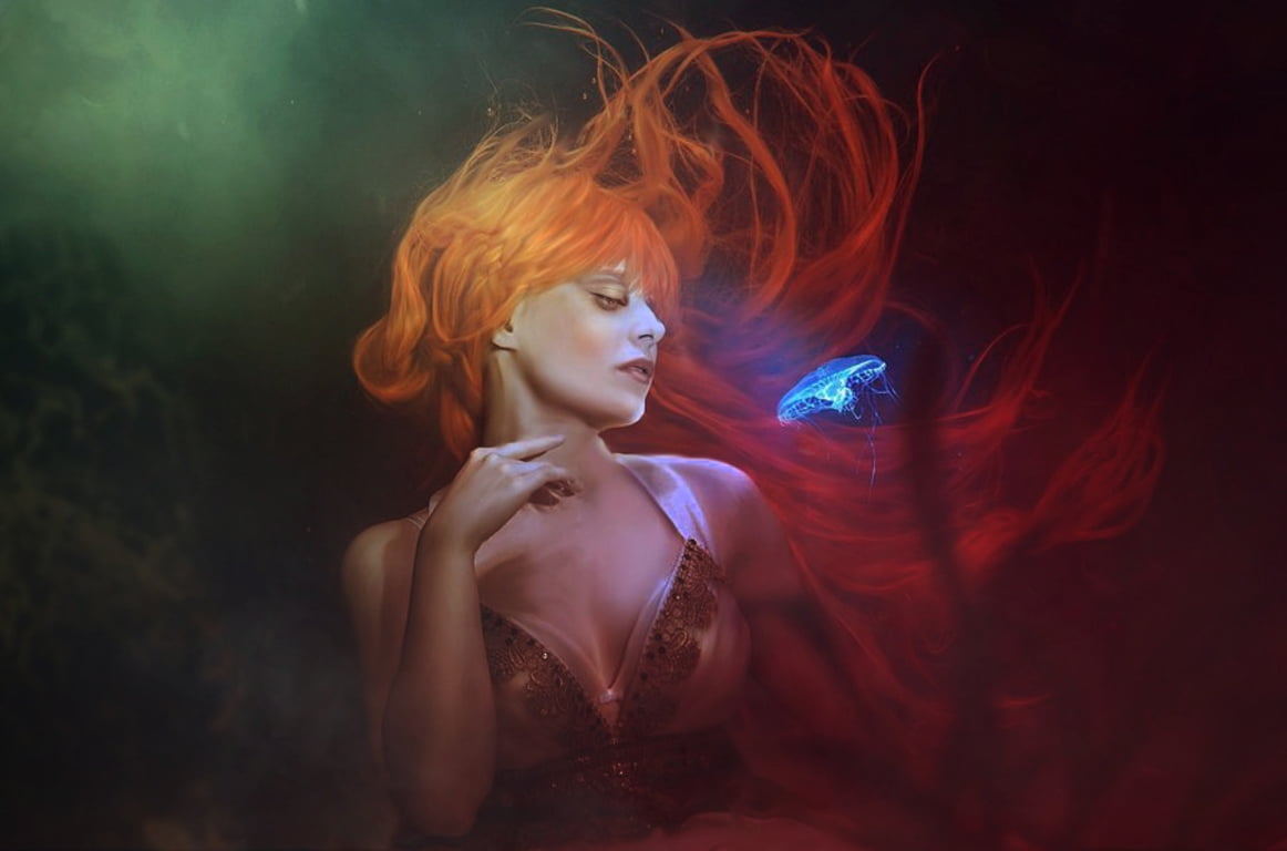 beautiful woman, profile view, portrait, fantasy, multi colored, black, blond hair, alkab, frumusete, women, beauty, hair, 480P, black background, illuminated, HD Wallpaper