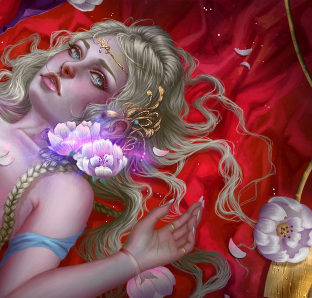 fantasy, aoleev, red, blonde, Daydreaming, luminos, 480P, flower, art, frumusete, hand, girl, HD Wallpaper