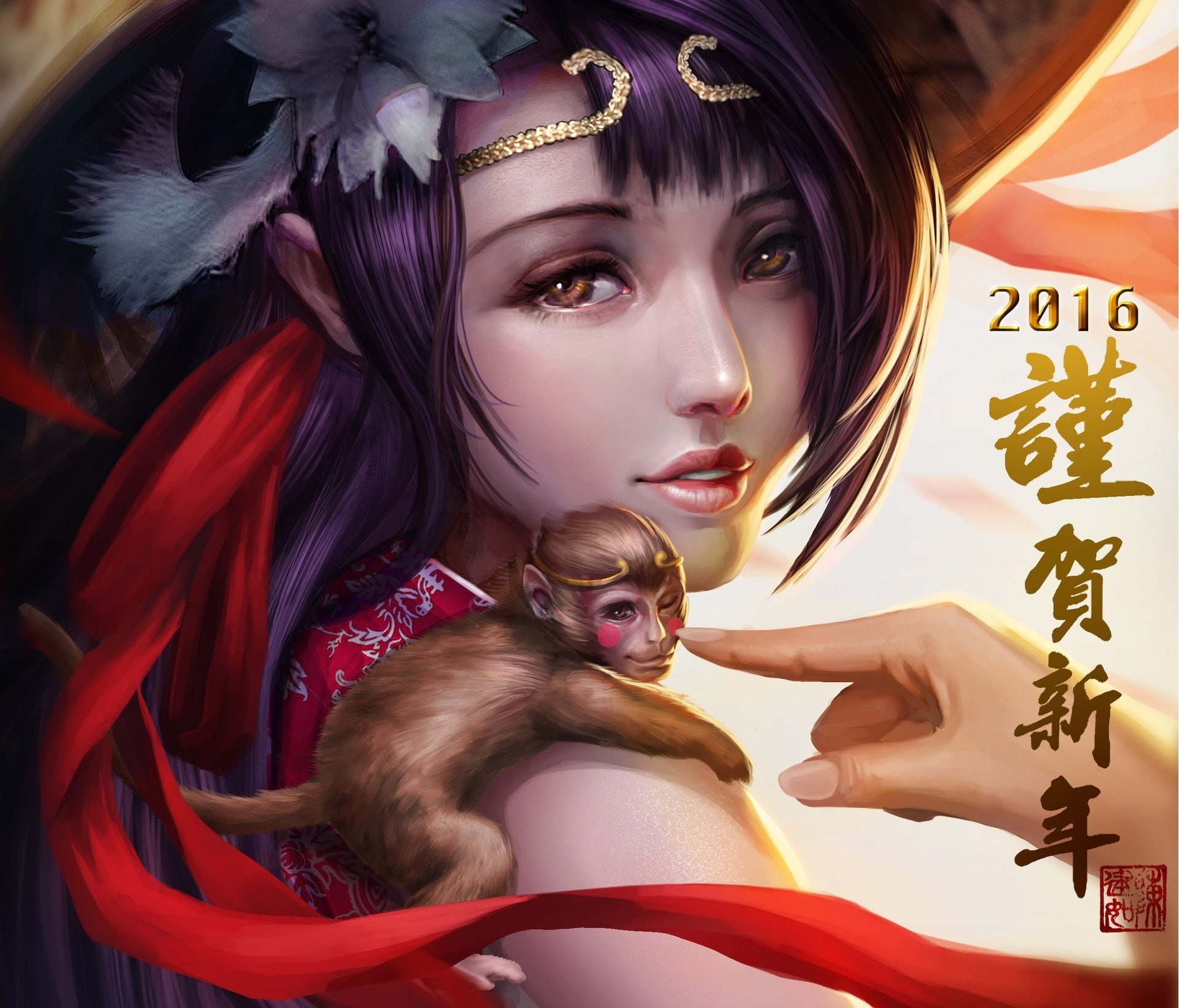 2016, :-), 1080P, monkey, chinese, year, zodiac, luminos, girl, frumusete, fantasy, hand, HD Wallpaper