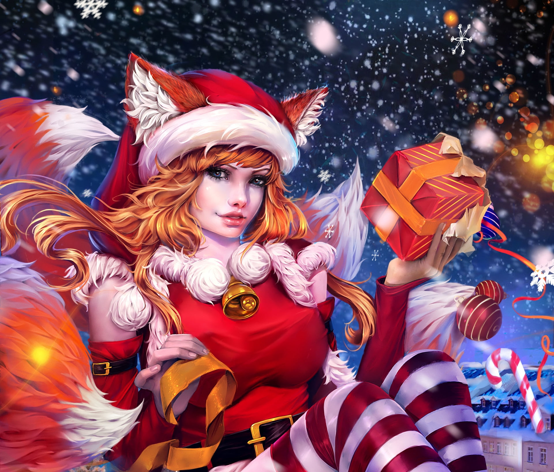 hat, cysh, frumusete, luminos, santa, alexandra cvetkova, fox, red, fantasy, girl, craciun, christmas, 1080P, blue, Christmas Cysh, HD Wallpaper