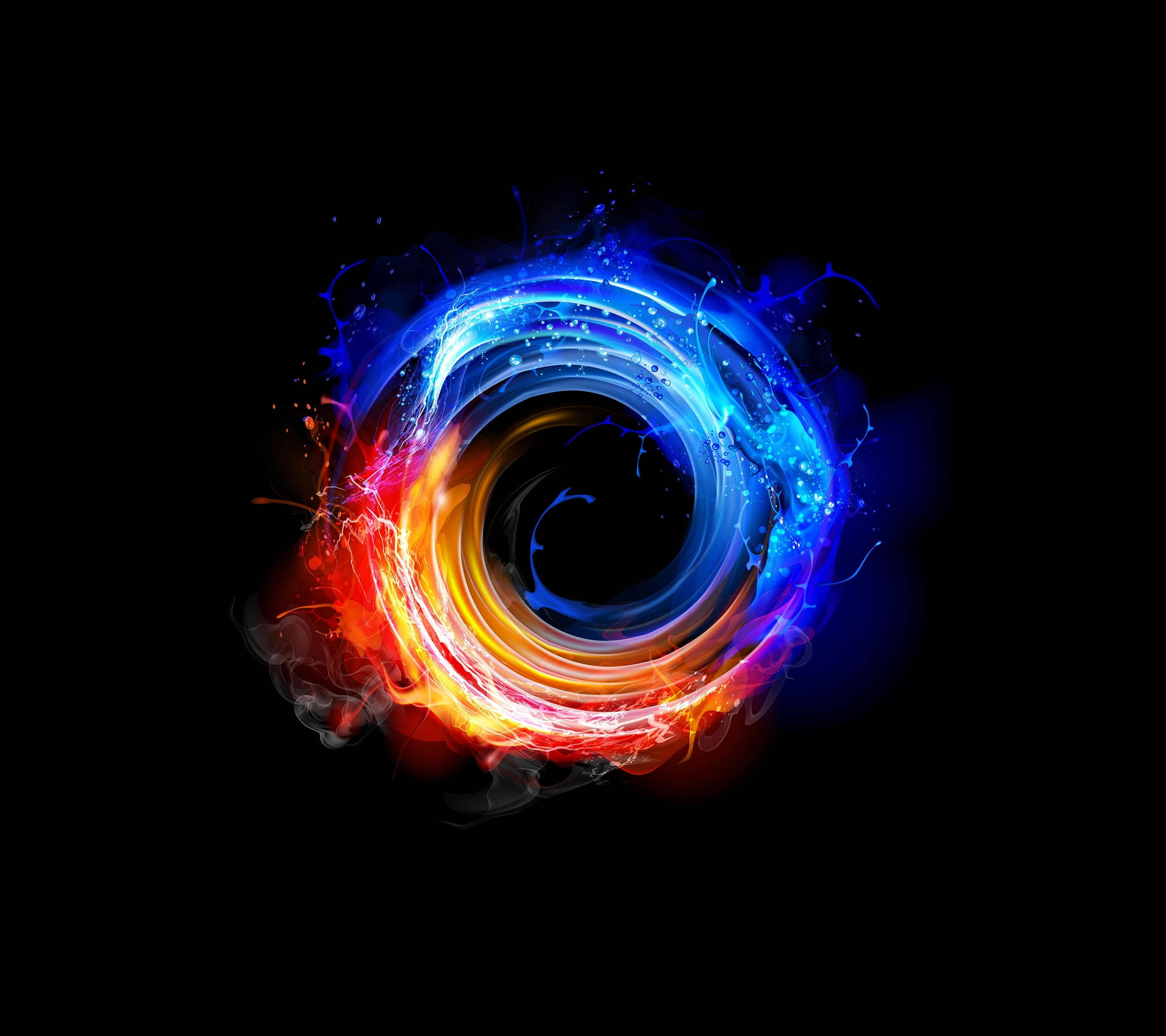 2K, fire, black, circle, fantasy, water, Abstract, luminos, texture, HD Wallpaper