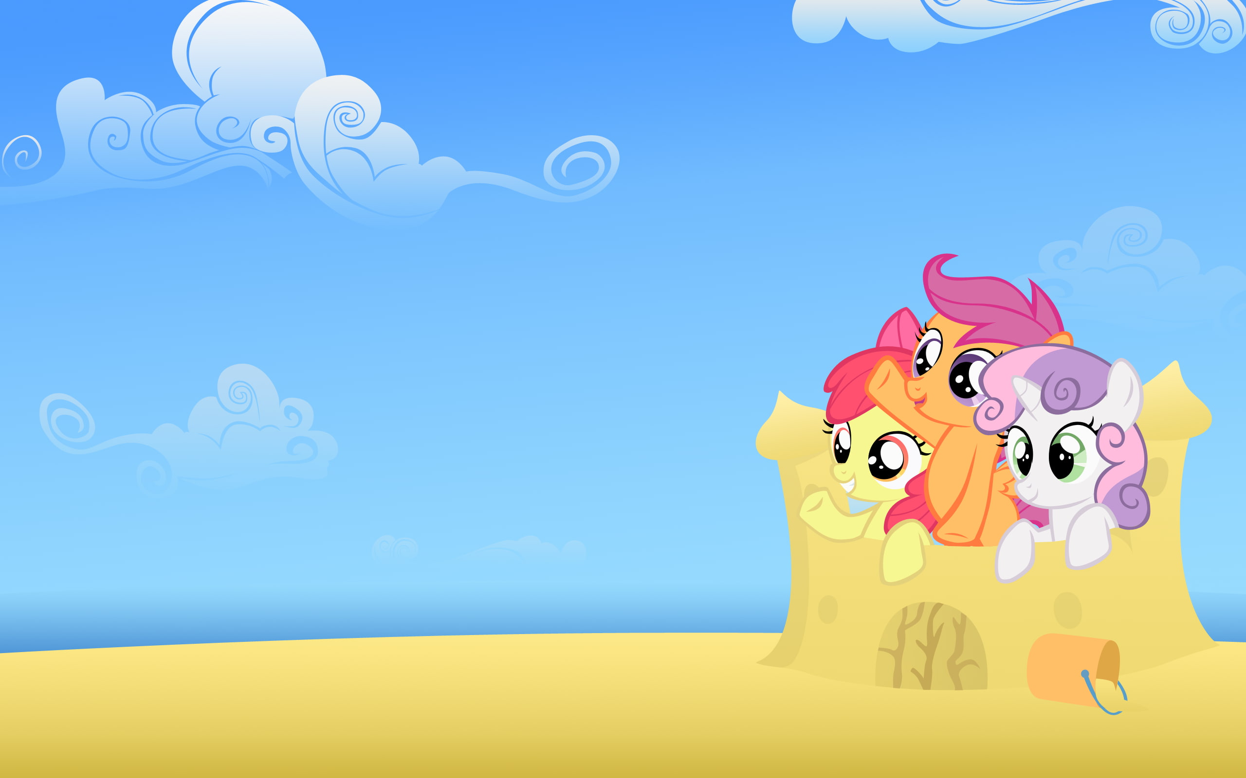 Apple Bloom, My Little Pony, 2K, clouds, yellow, blue, Scootaloo, sand, sweetie belle, sky, HD Wallpaper