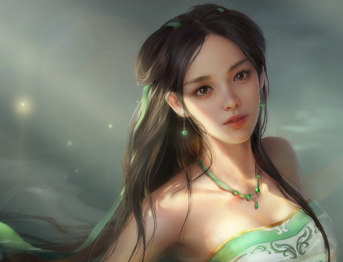 hair, adult, jianyachi l, beautiful woman, contemplation, green, headshot, luminos, vara, fantasy, hairstyle, Jade, young women, nature, leisure activity, HD Wallpaper