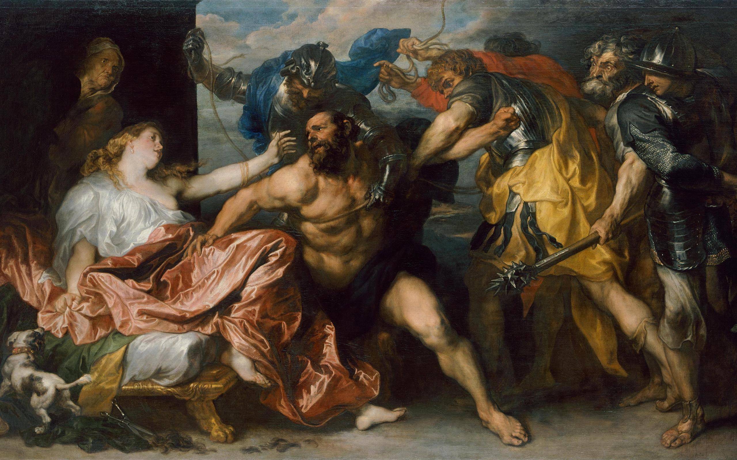 myth, scissors, samson, 2K, hair, taking, Dalila, art, Paul van Dyck, dog, painting, HD Wallpaper