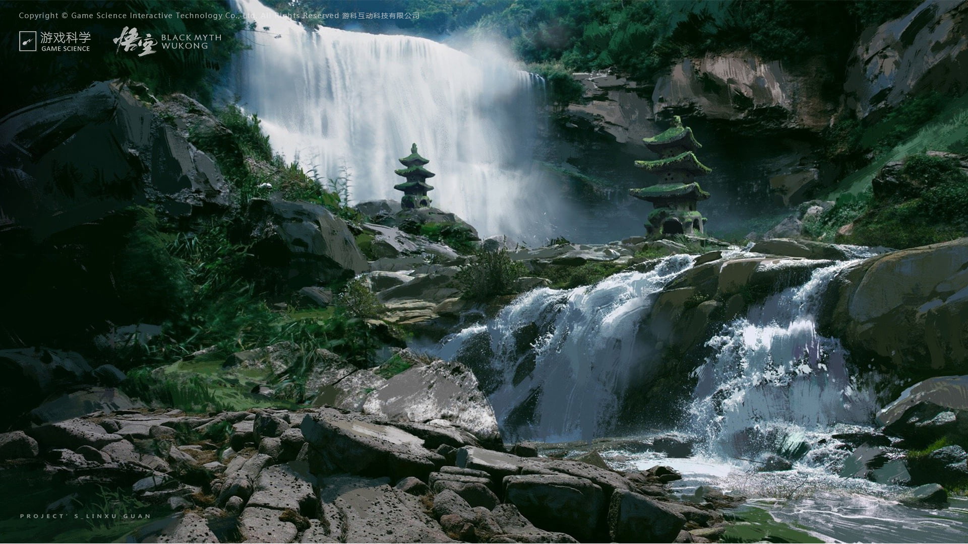 sculpture, concept art, digital art, 1080P, Black Myth: Wukong, waterfall, river, video game art, HD Wallpaper