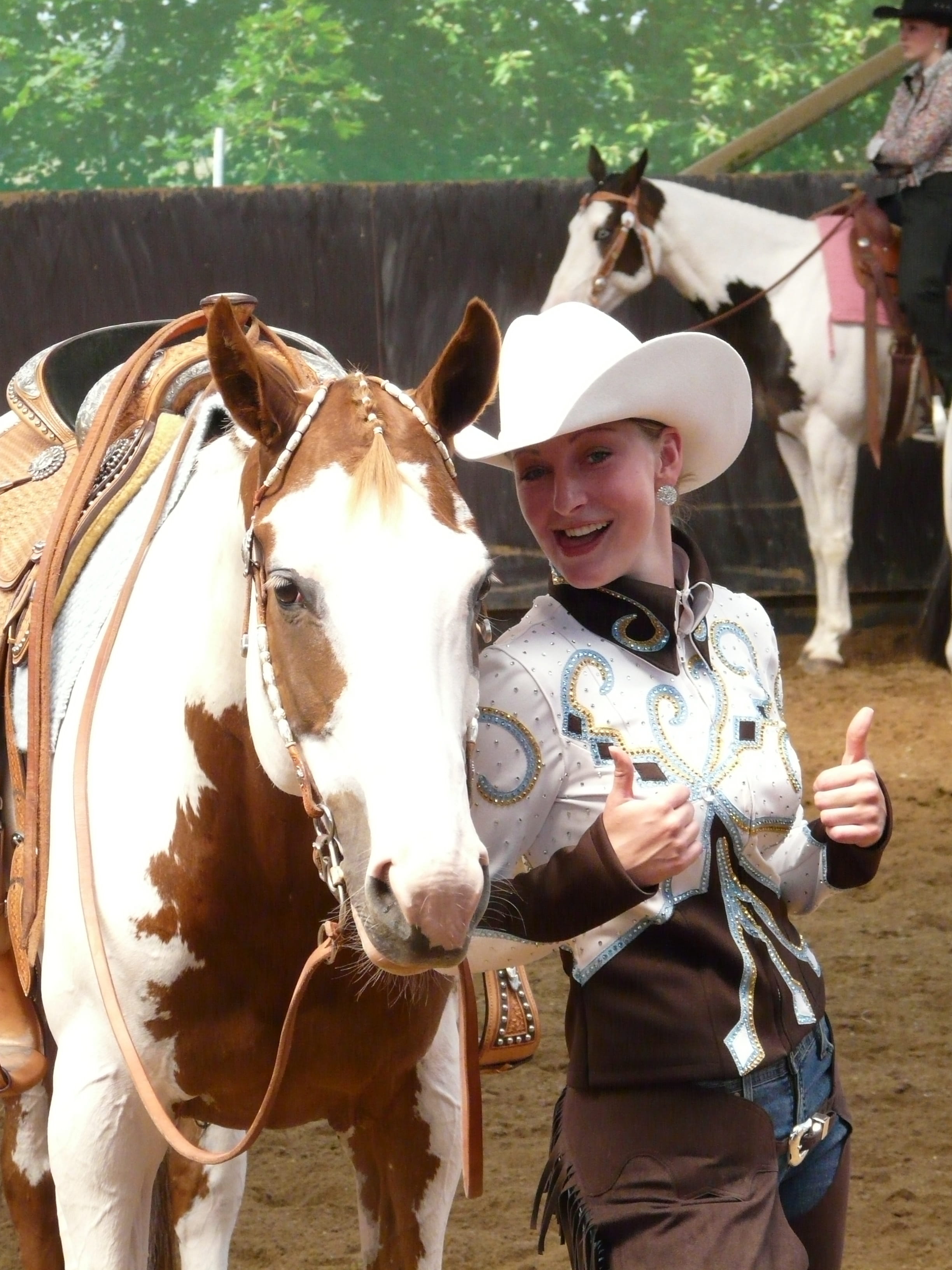 thumbs up, mammal, laughing, looking at camera, livestock, tournament, horsewoman, woman, outdoors, humorous, next, one person, smiling, white, real people, Phone HD Wallpaper