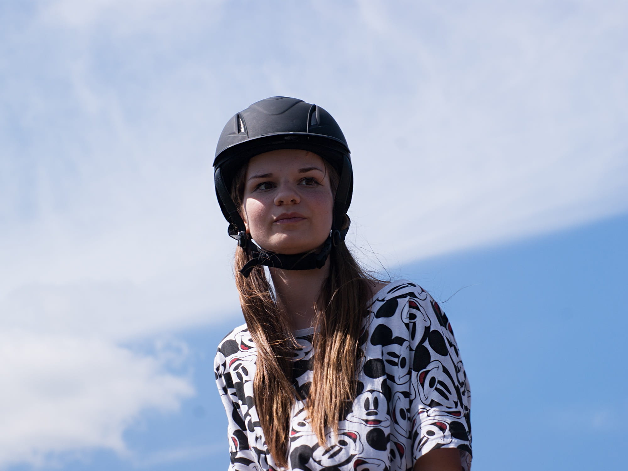 one person, helmet, sports helmet, headwear, front view, sky, portrait, child, outdoors, waist up, sports equipment, helm, horse, day, hairstyle, girls, HD Wallpaper