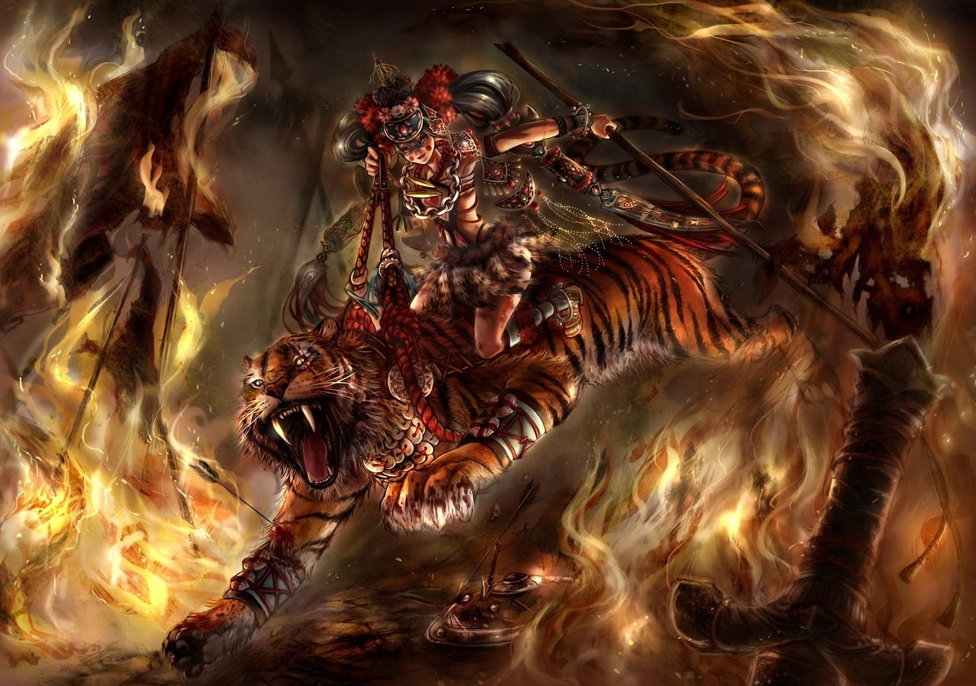 girl, horsewoman, tiger, 1080P, HD Wallpaper