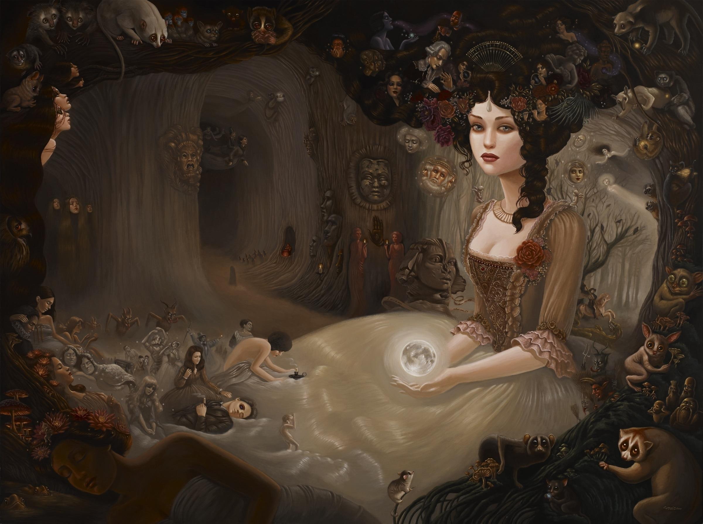 3d and abstract, 1080P, holding, fantasy, beautiful, woman, photography, crystal, dress, entertainment, illustration, creatures, animation, gray, people, HD Wallpaper