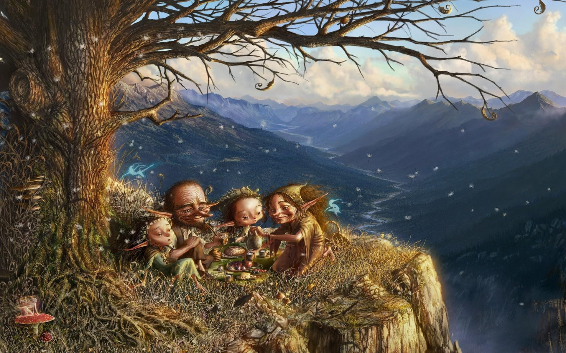 fantasy, nature, artistic, fantasytree, 3d and abstract, 1080P, clouds, elves, picnic, pretty, HD Wallpaper