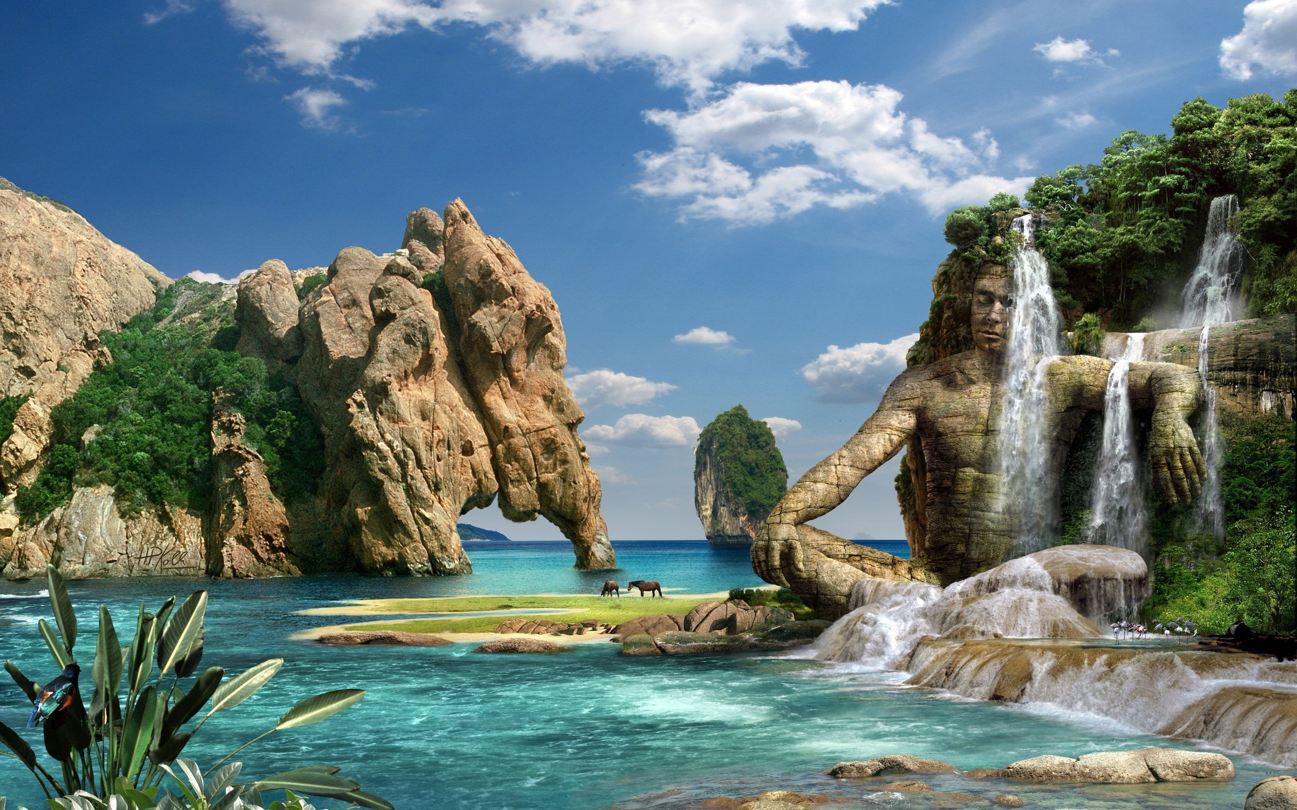 horses, rock formation, flowing water, clouds, cliff, land, cloud - sky, Statue, animals, Trees, tree, tranquil scene, resort, beauty in nature, 2K, scenics - nature, HD Wallpaper
