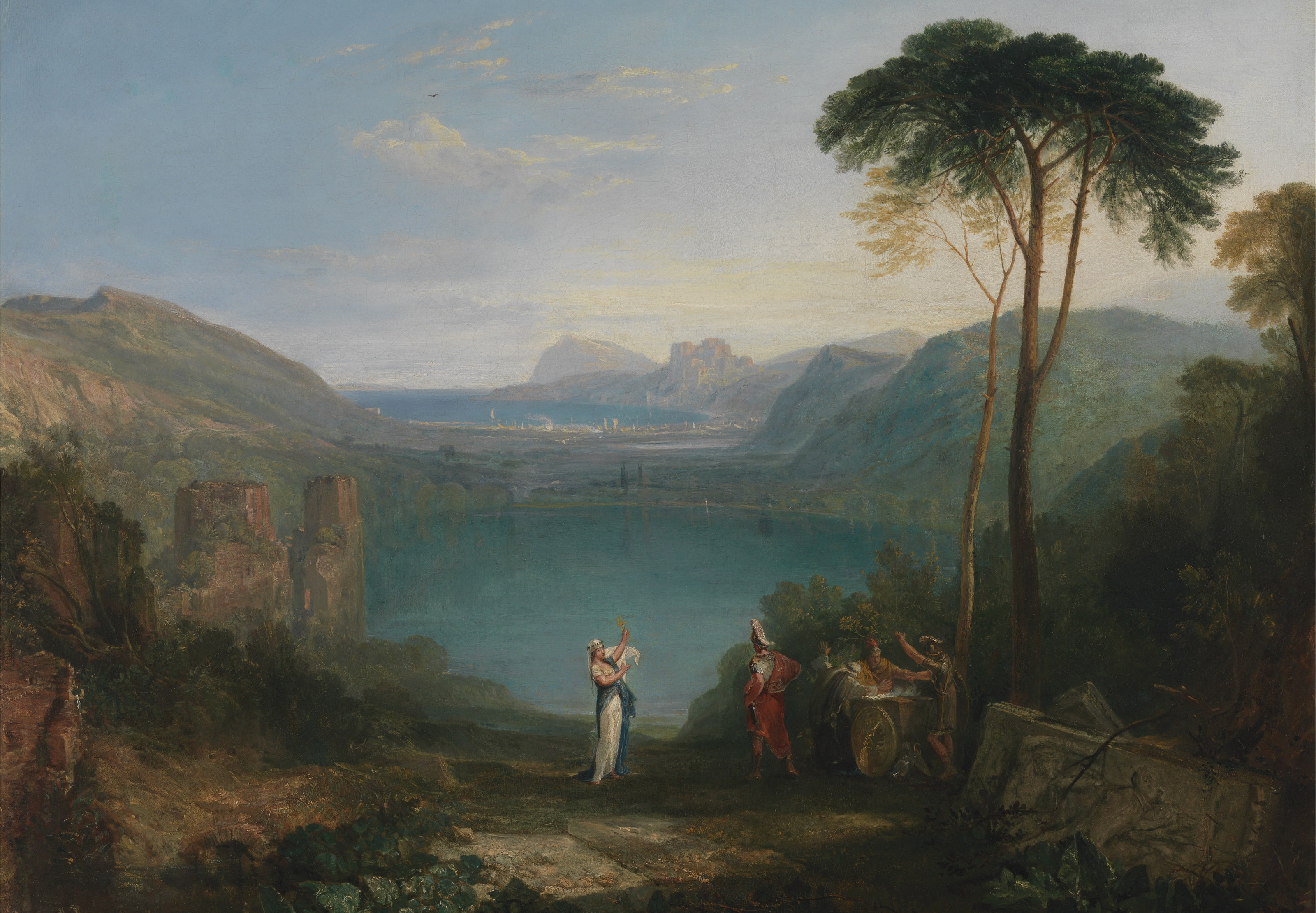 lake, mountains, picture, Lake Avernus - Aeneas and the Cumaean Sybil, William Turner, myth, landscape, 2K, trees, HD Wallpaper