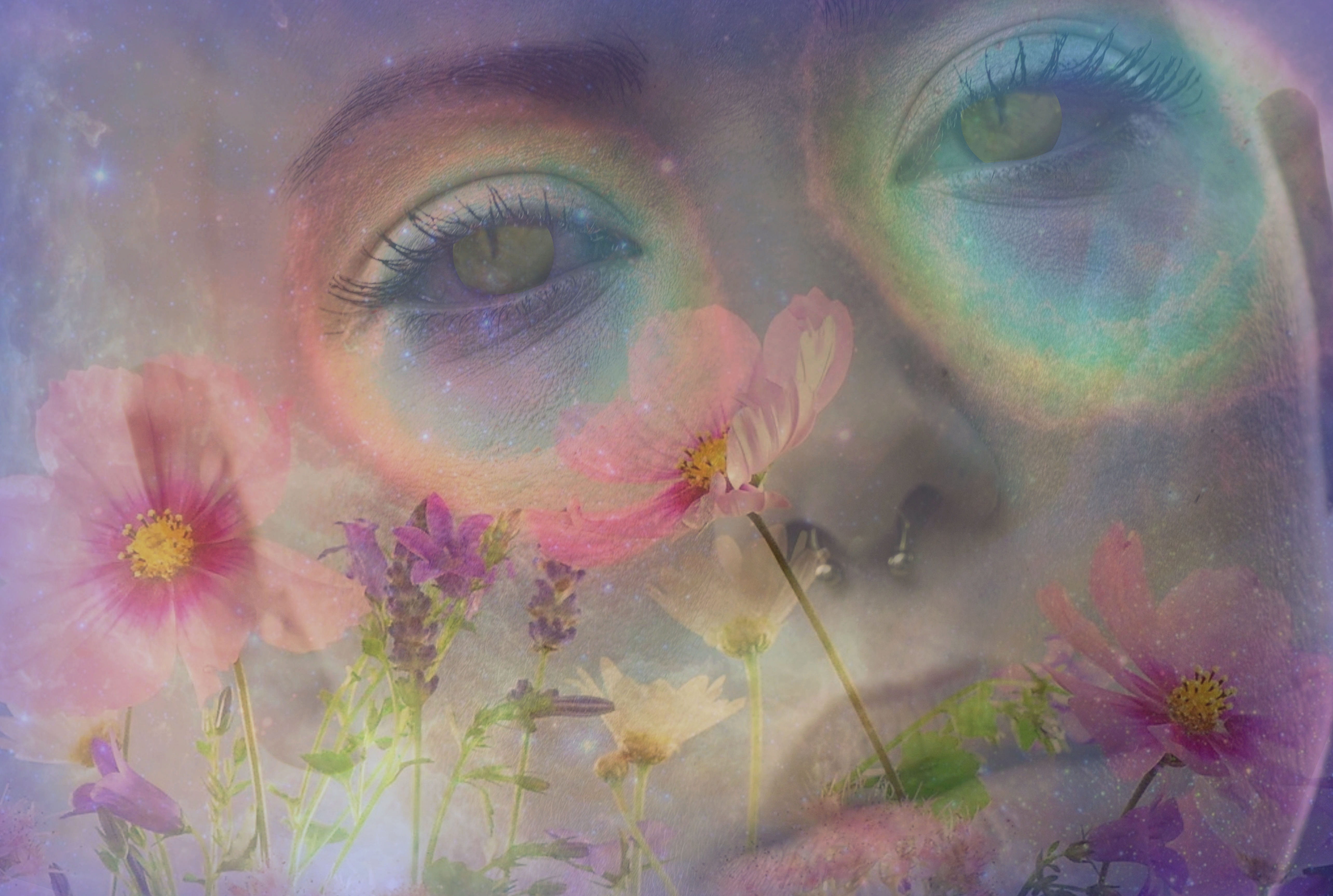 fantasy, surrounded, women, human face, young women, human body part, plant, flowers, eyes, colorful, flowering plant, cat, 5K, beautiful woman, HD Wallpaper