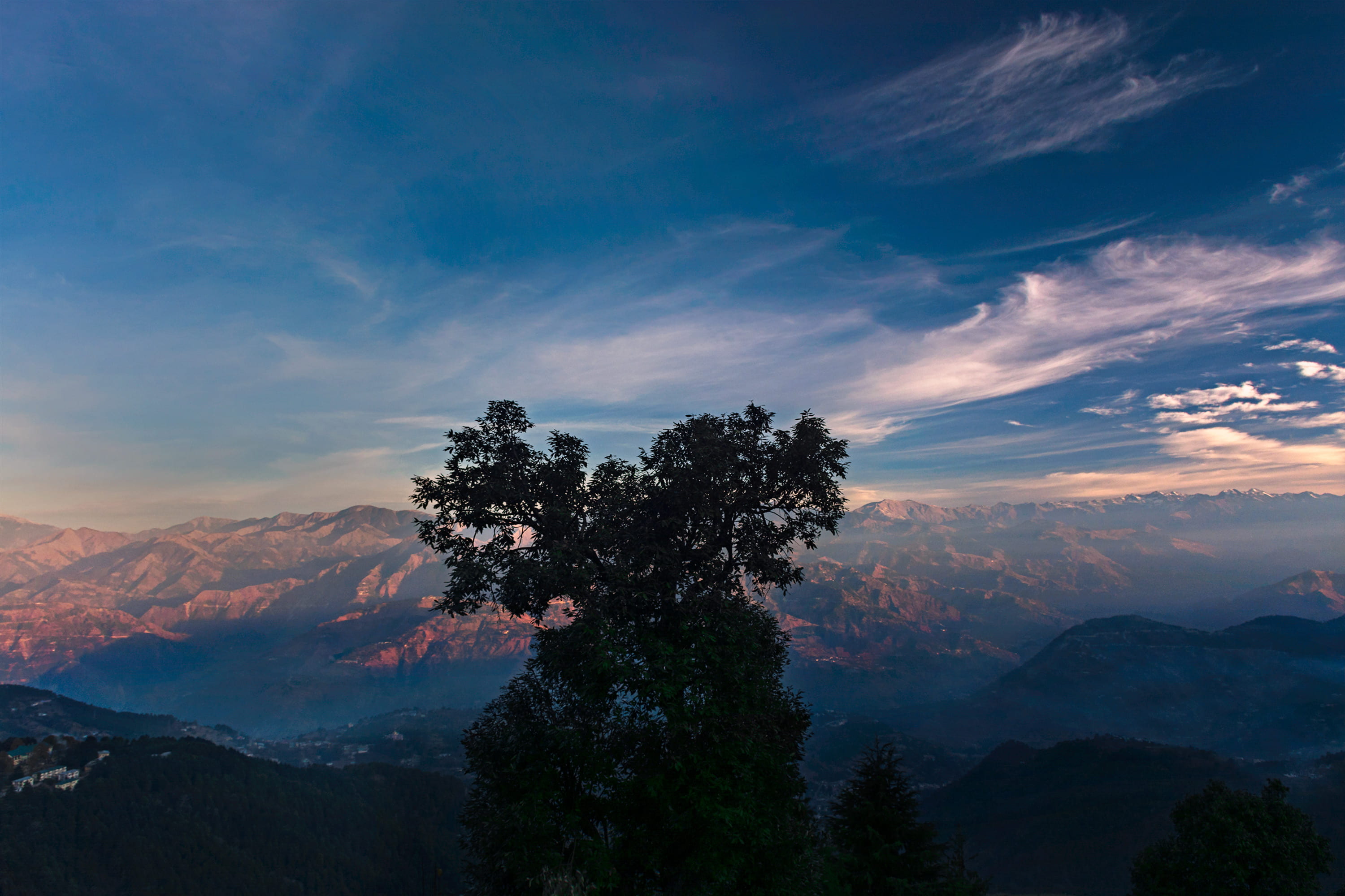growth, non-urban scene, tranquil scene, scenics - nature, landscape, morning, trees, 2K, sunset, outdoors, mountain range, cloud, cloud - sky, green, HD Wallpaper