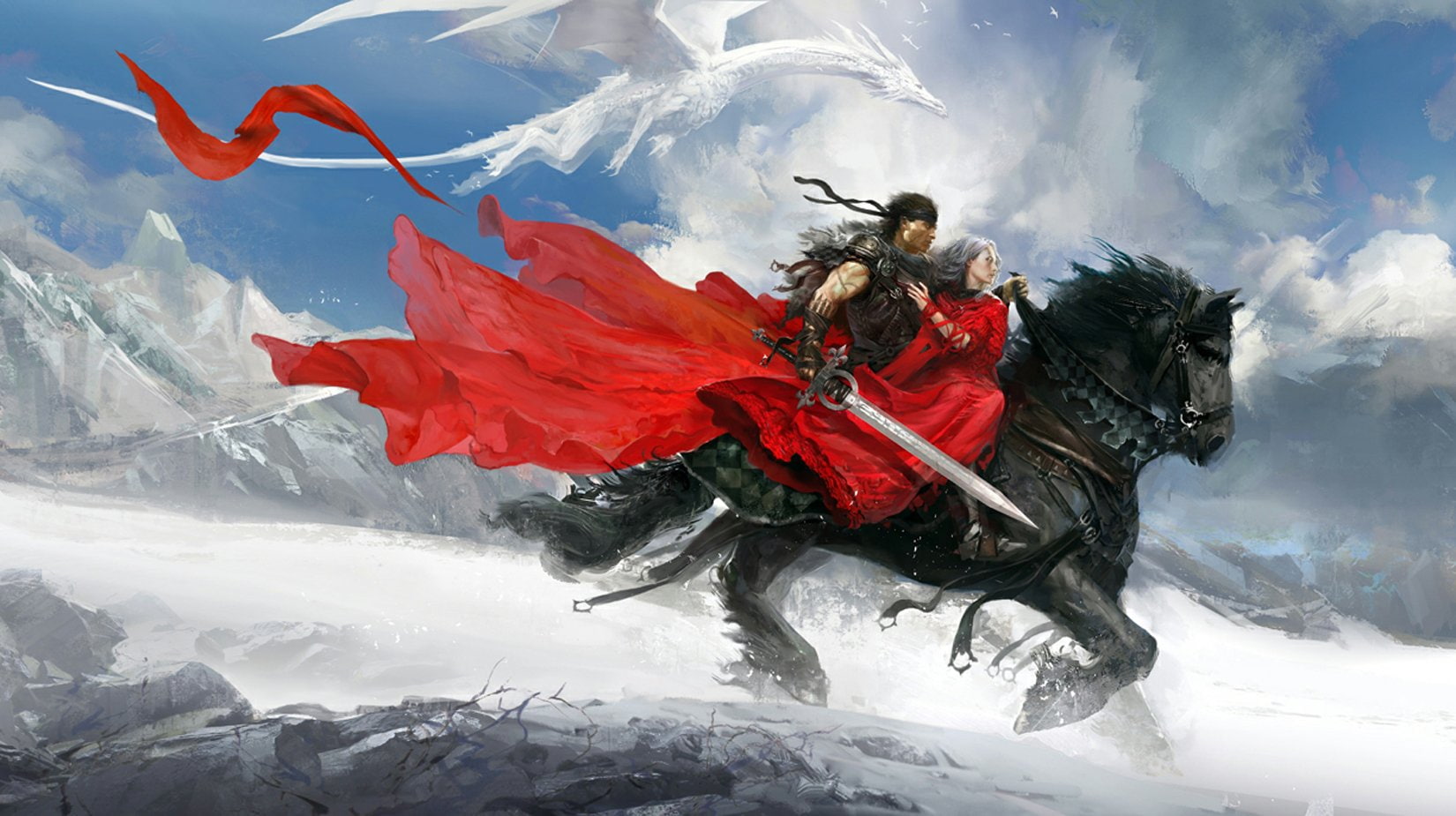 Princes, horse, painting, sword, snow, 720P, mountain, ice, fantasy, red, dragon, HD Wallpaper