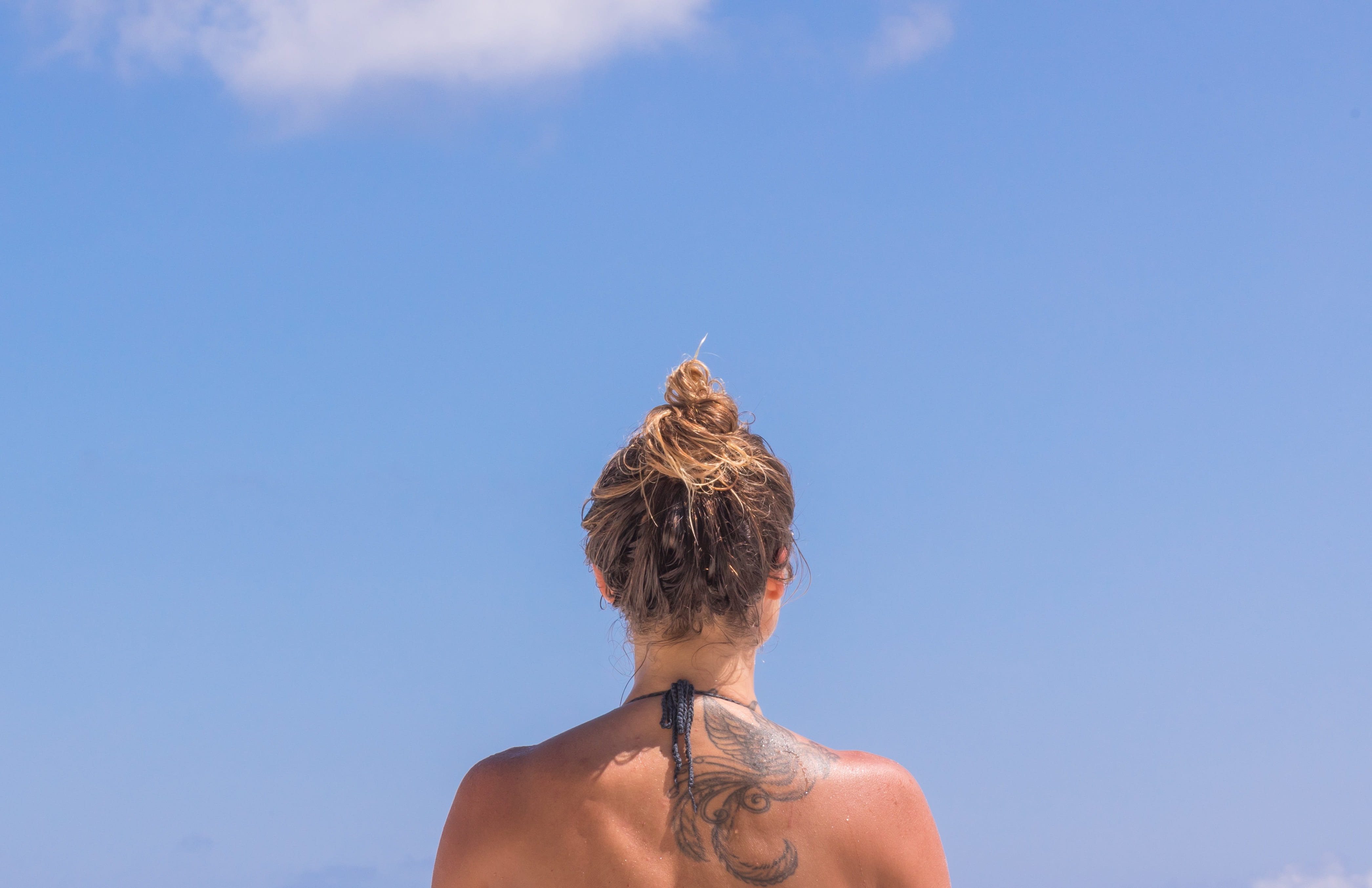 people, blond hair, hair, back, copy space, rear view, shirtless, sunny, woman, human hair, hairstyle, outdoors, human body part, lifestyles, headshot, HD Wallpaper