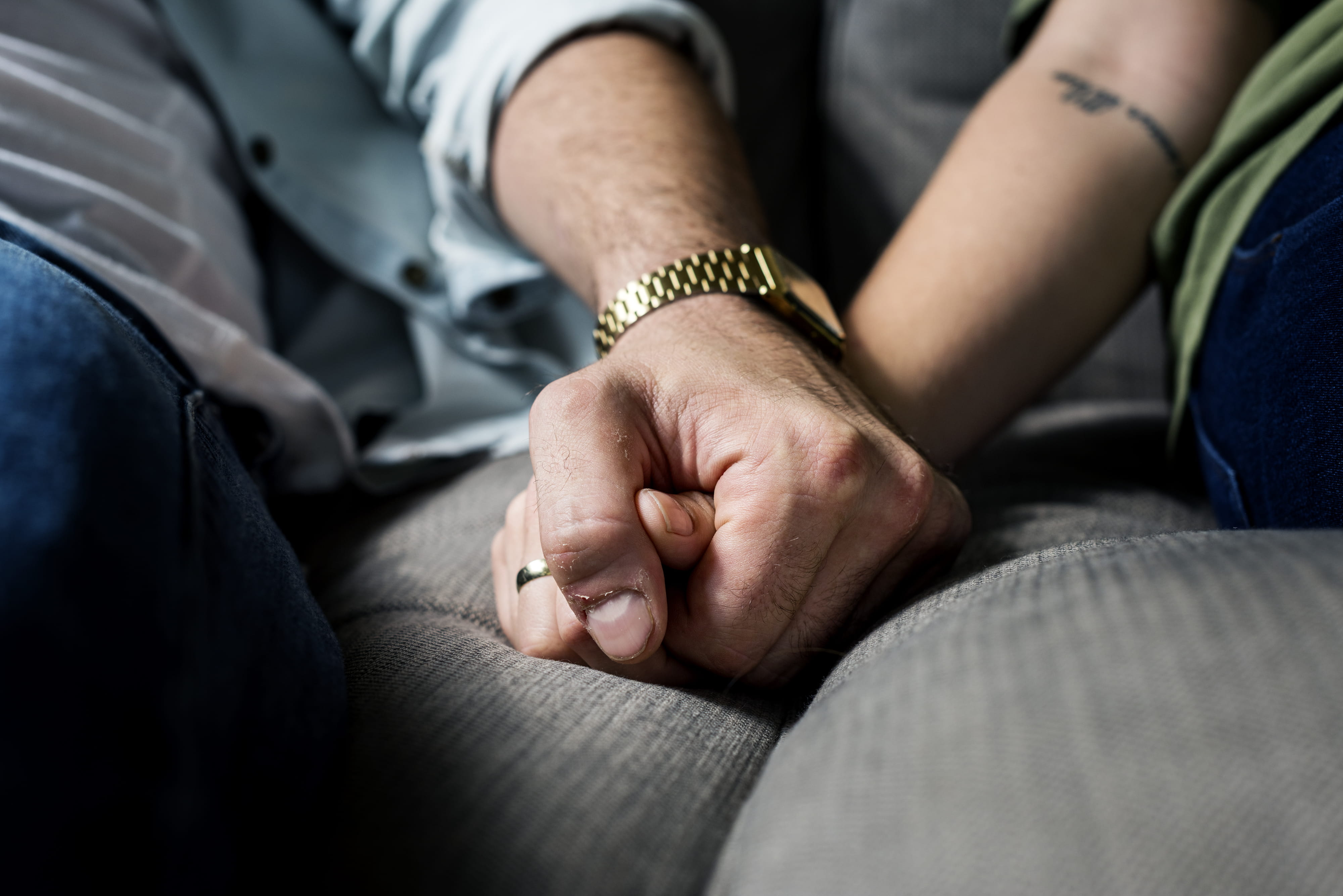 sitting, couple, two, wristwatch, lovers, tattoo, support, quality time, ring, jewelry, two people, selective focus, couple - relationship, holding hands, HD Wallpaper
