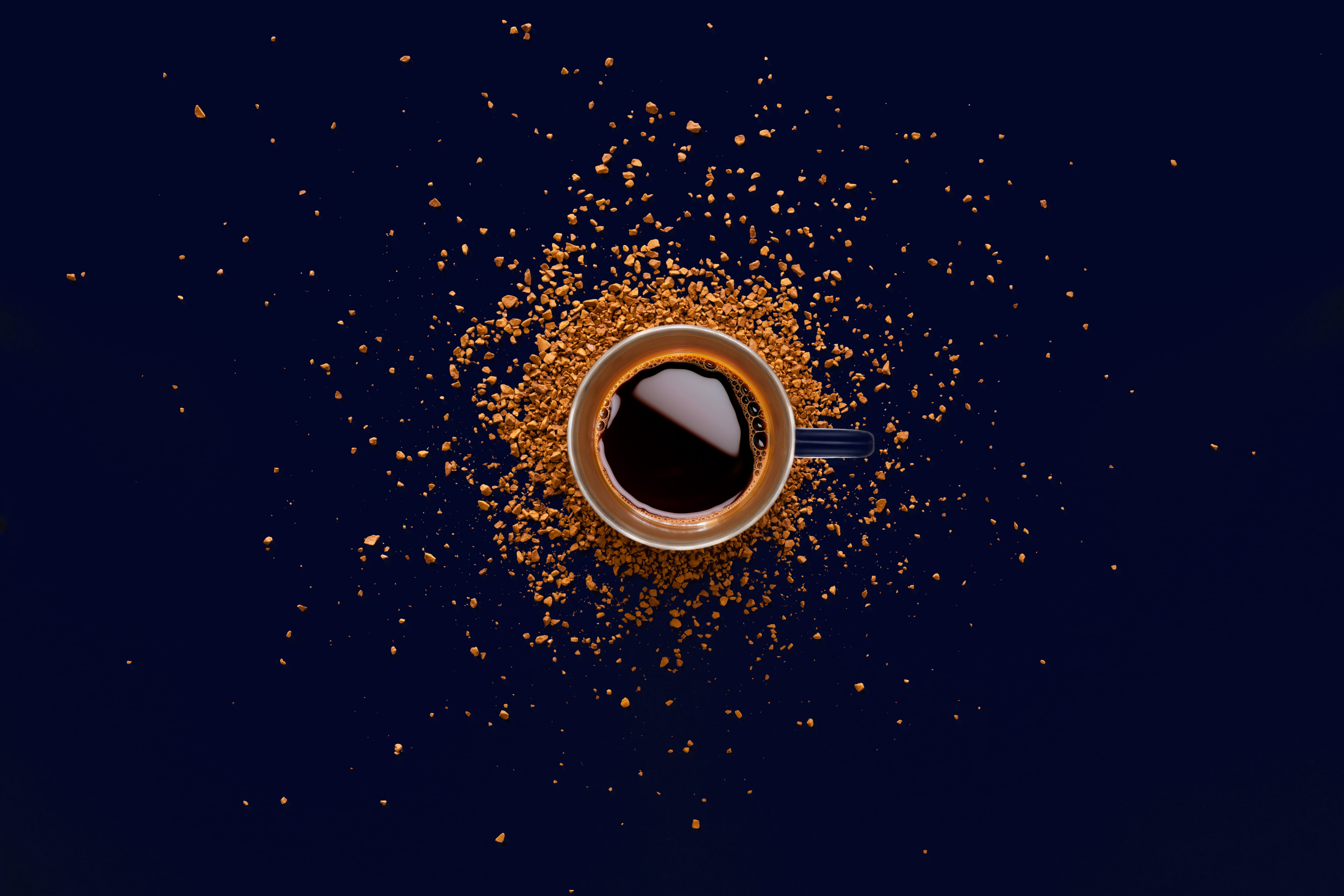 flat, brewed, non-alcoholic beverage, photograph, water, food and drink, close-up, no people, motion, black background, mug, coffee, coffee grains, 5K, HD Wallpaper