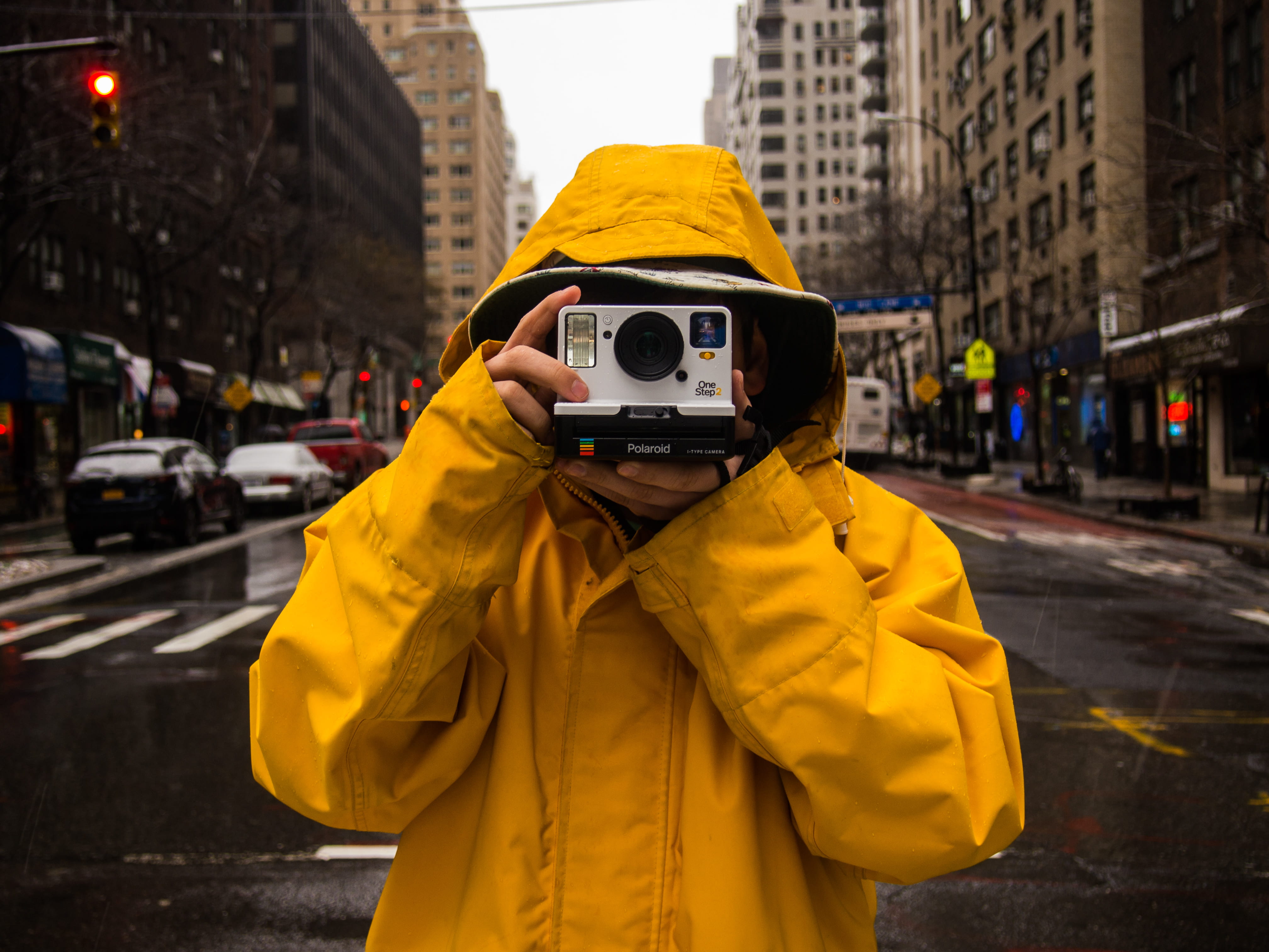 city life, city street, obscured face, instant, building exterior, rain coat, architecture, photographing, photography themes, photo, waist up, polaroid, HD Wallpaper