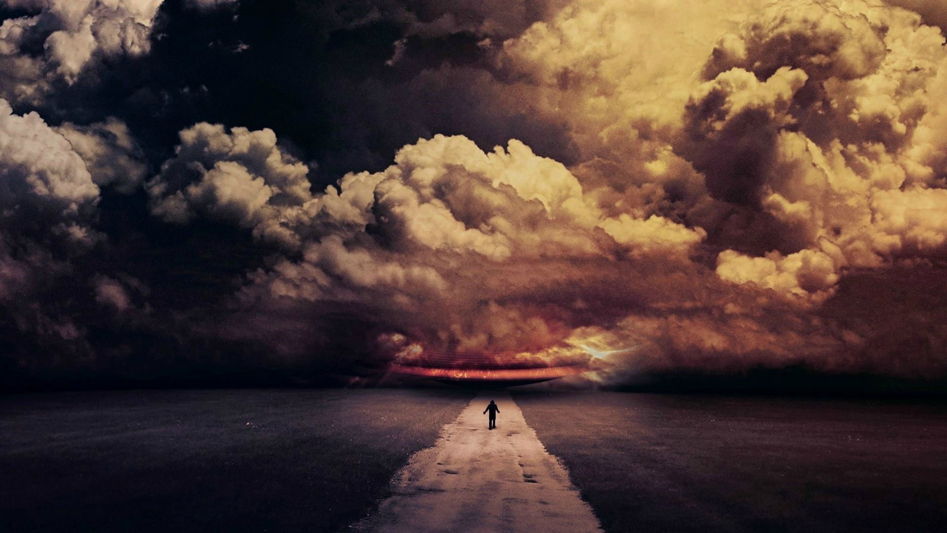 tranquility, rear view, sea, horizon, nature, cloudscape, field, alone, 1080P, sky, walking, one person, people, land, direction, water, clouds, aliens, HD Wallpaper